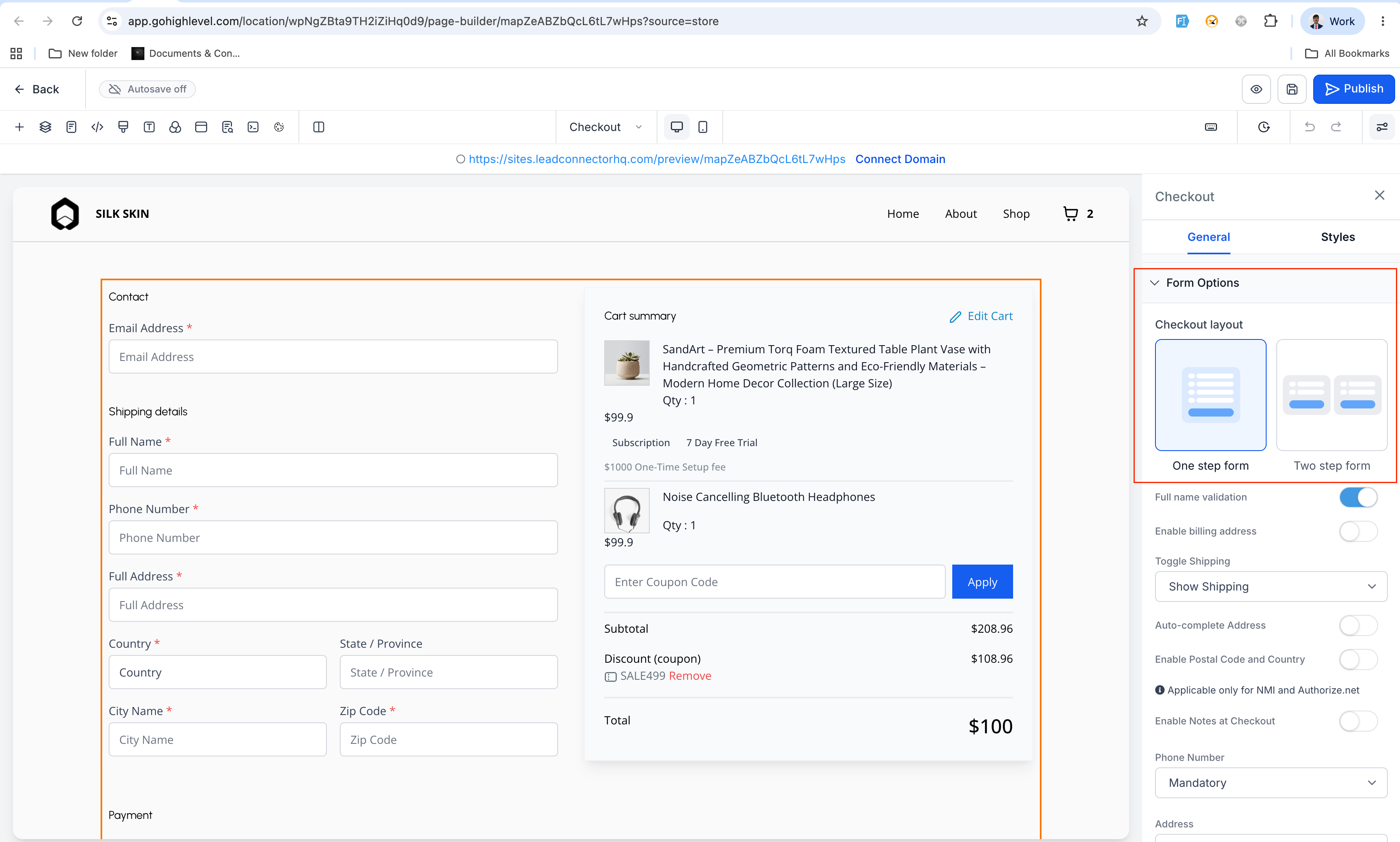 Checkout element Form Options panel showing the new Checkout Type setting