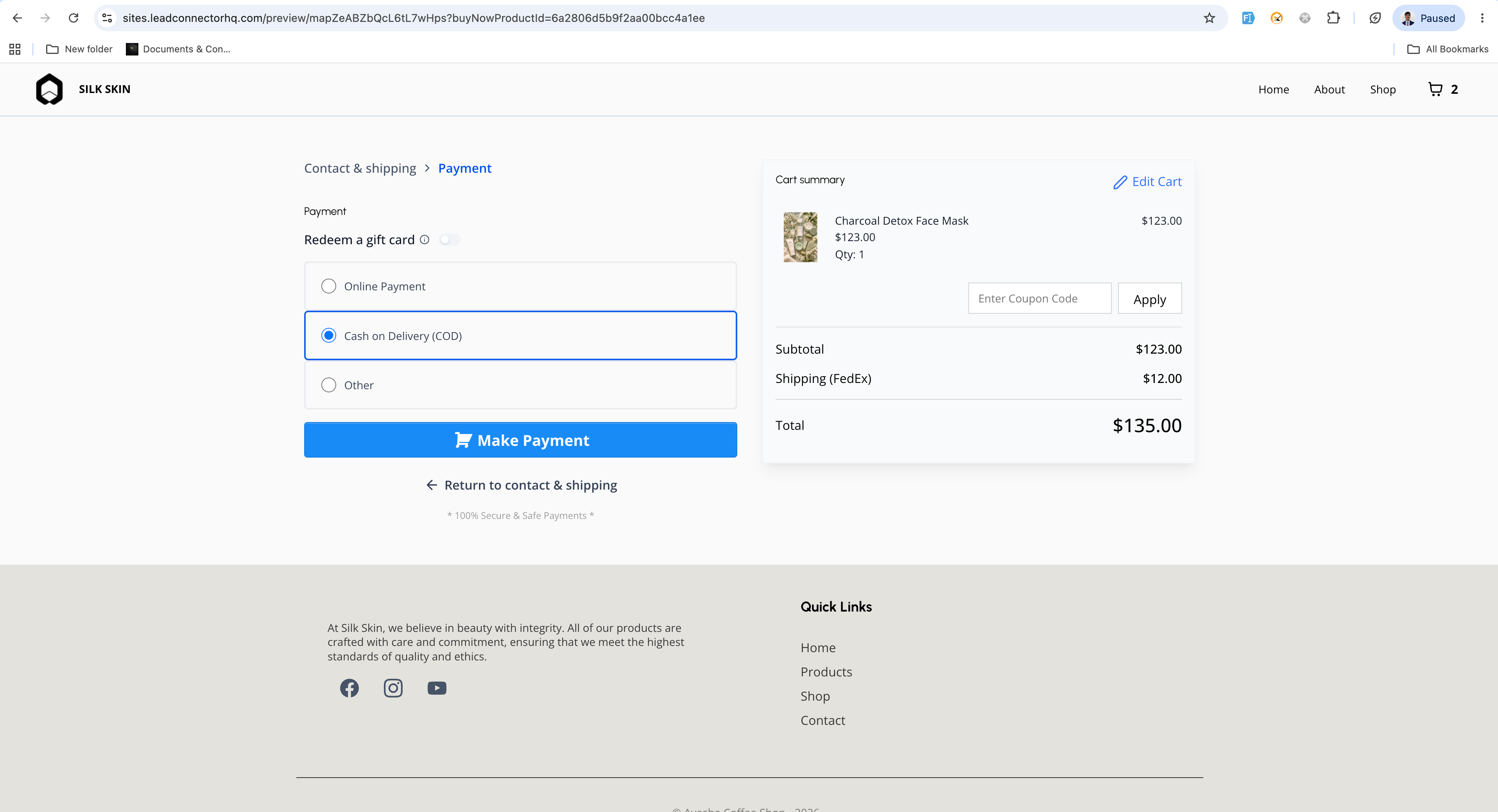 Published two-step checkout page