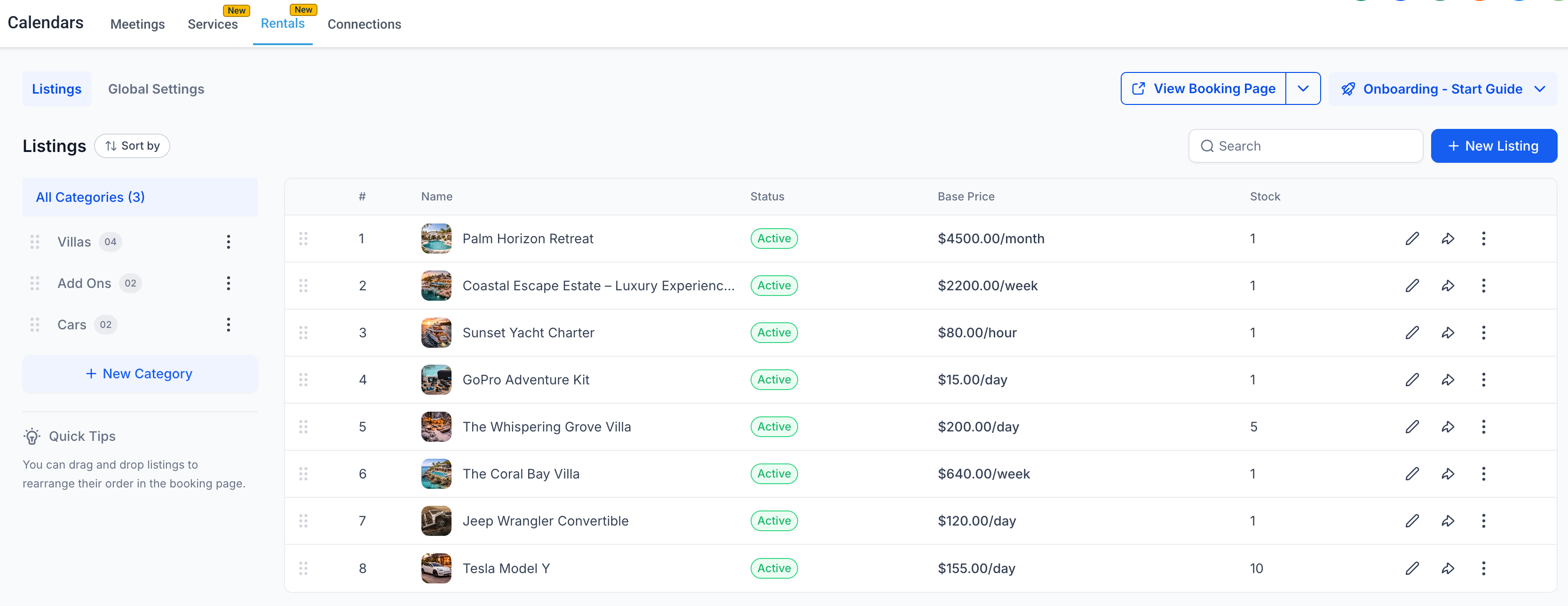 Rentals pricing configuration options