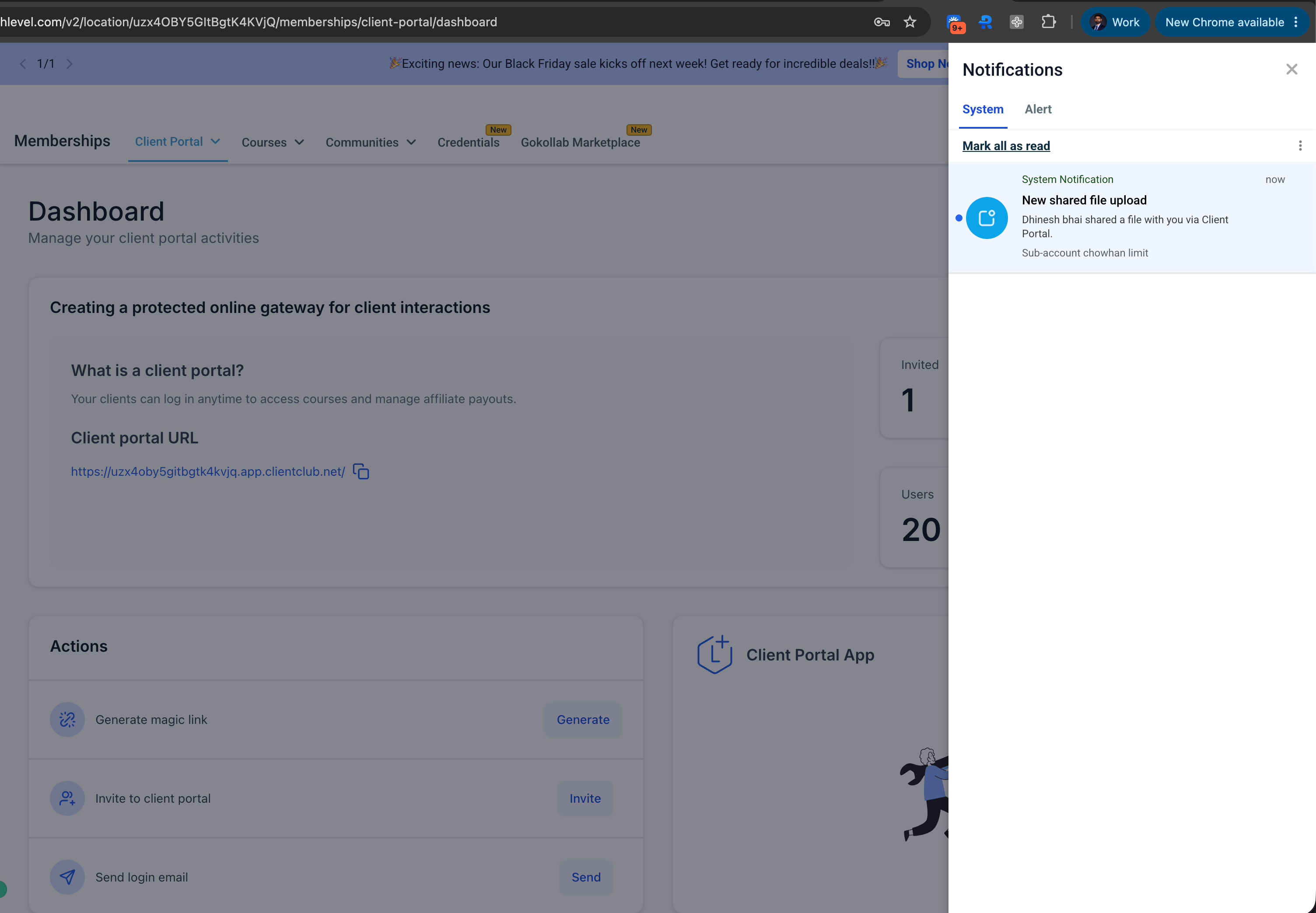 In-app notification showing a client file upload in the Captivation Hub Client Portal