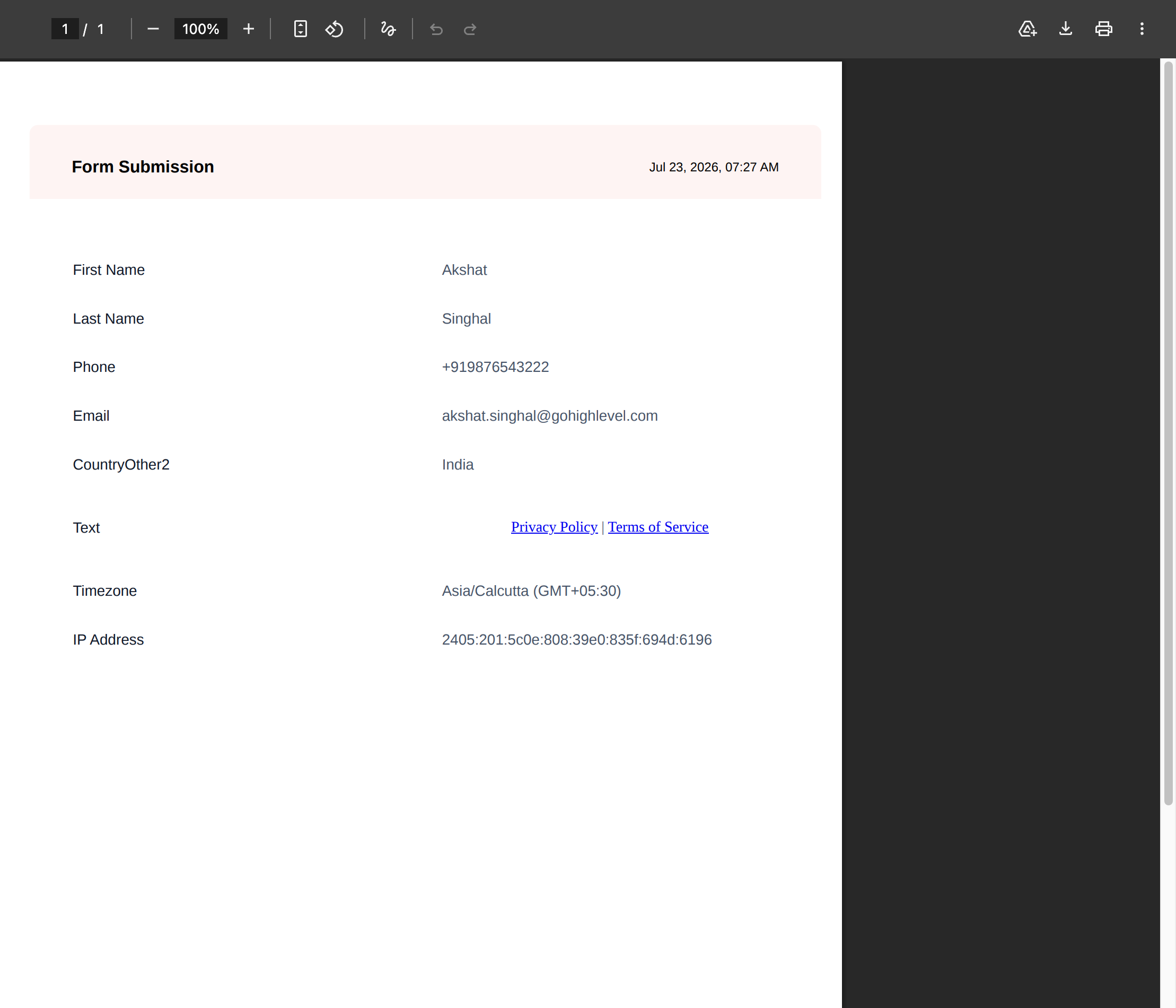 Generate submission document toggle in the Settings panel