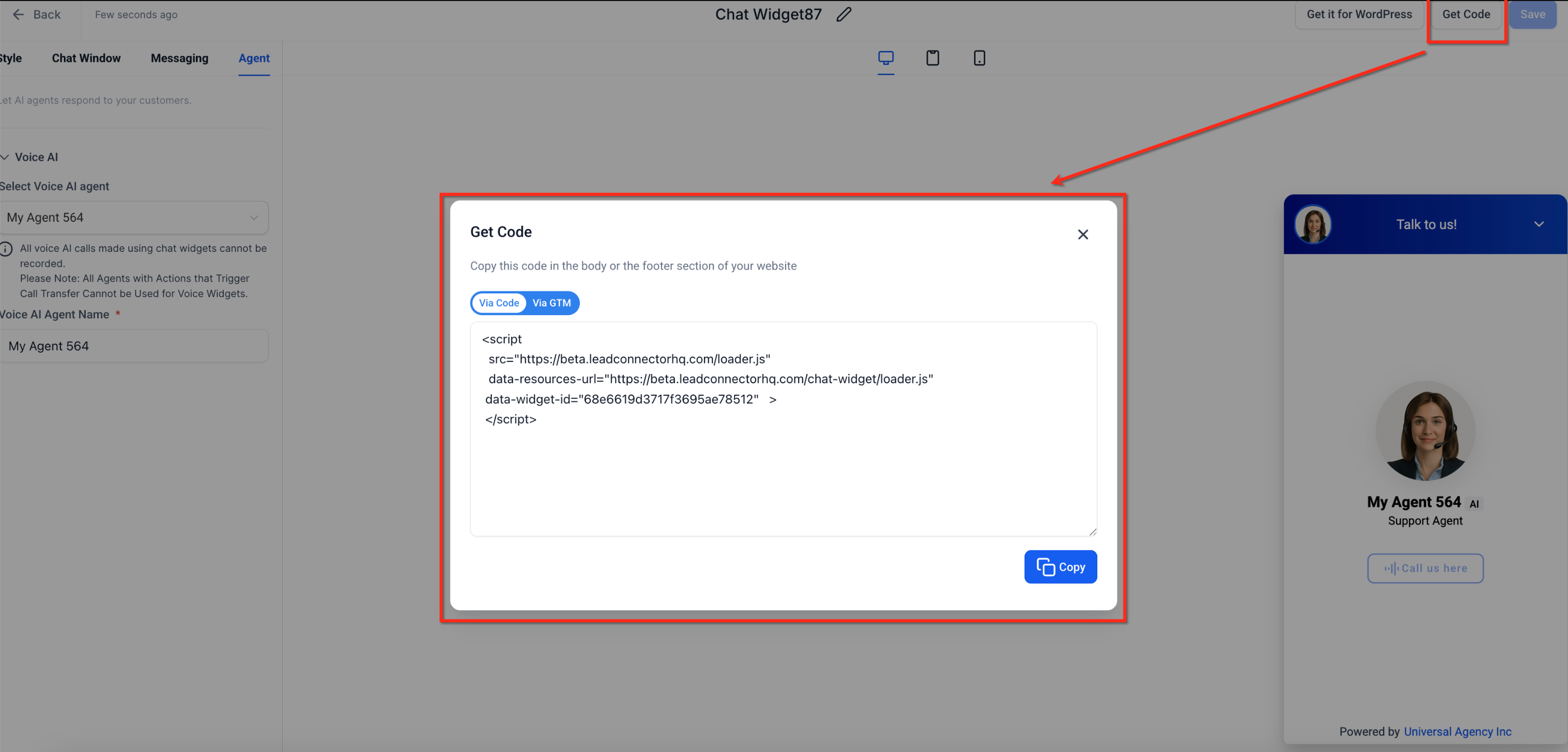 Get Code option in Voice AI Chat Widget settings