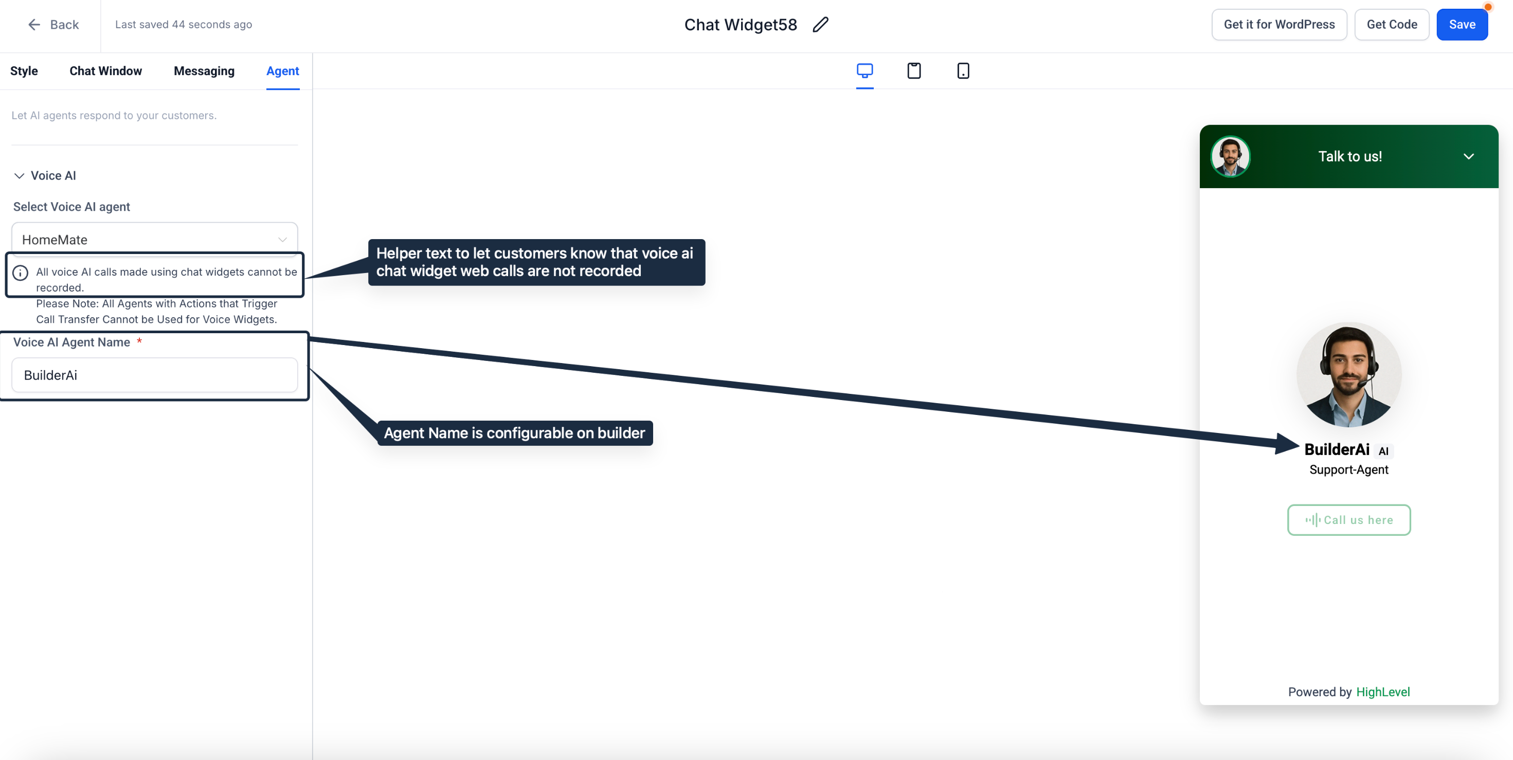 Built-in call recording notice banner in Voice AI Chat Widget