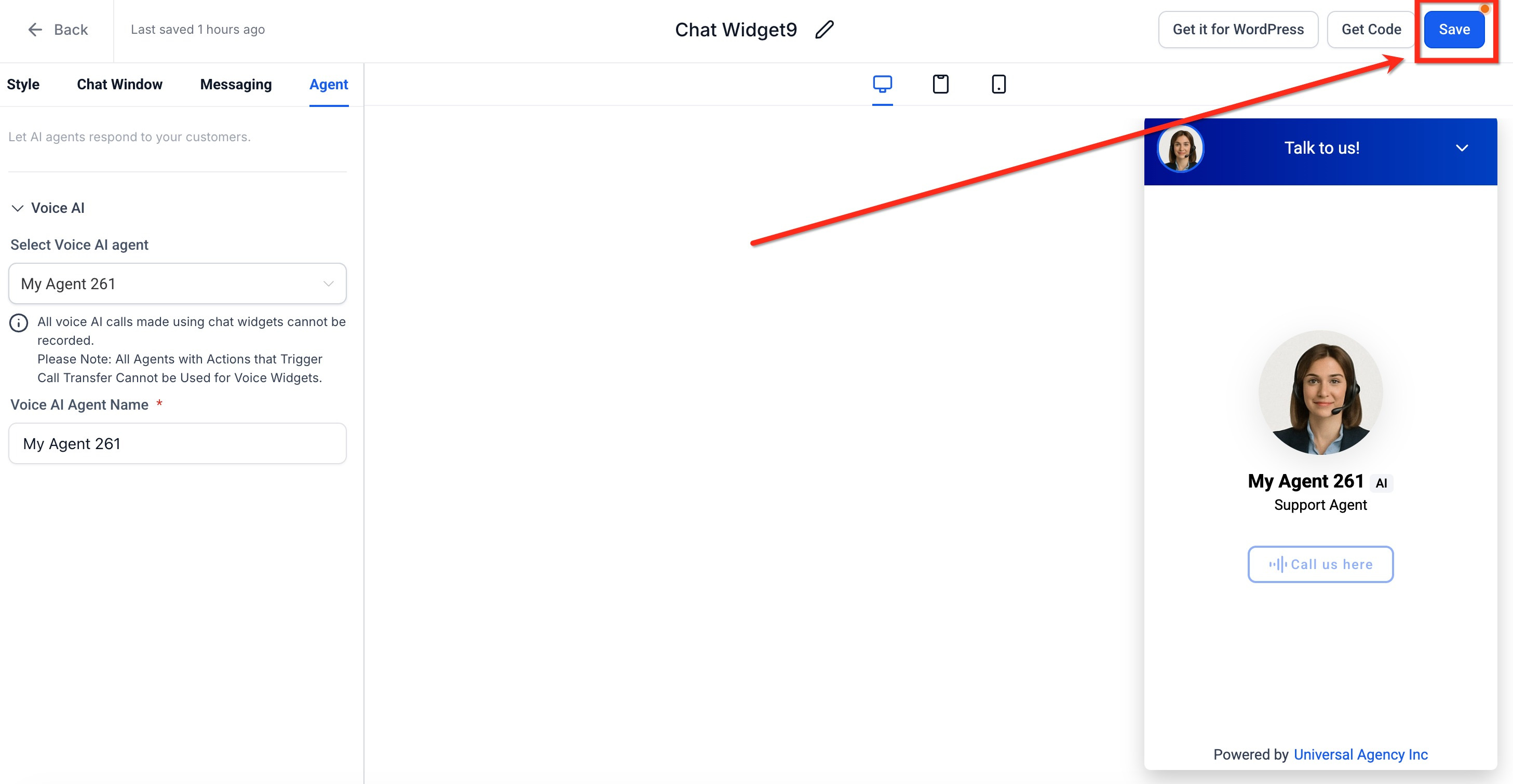 Saving the AI agent name in Chat Widget settings - step 4