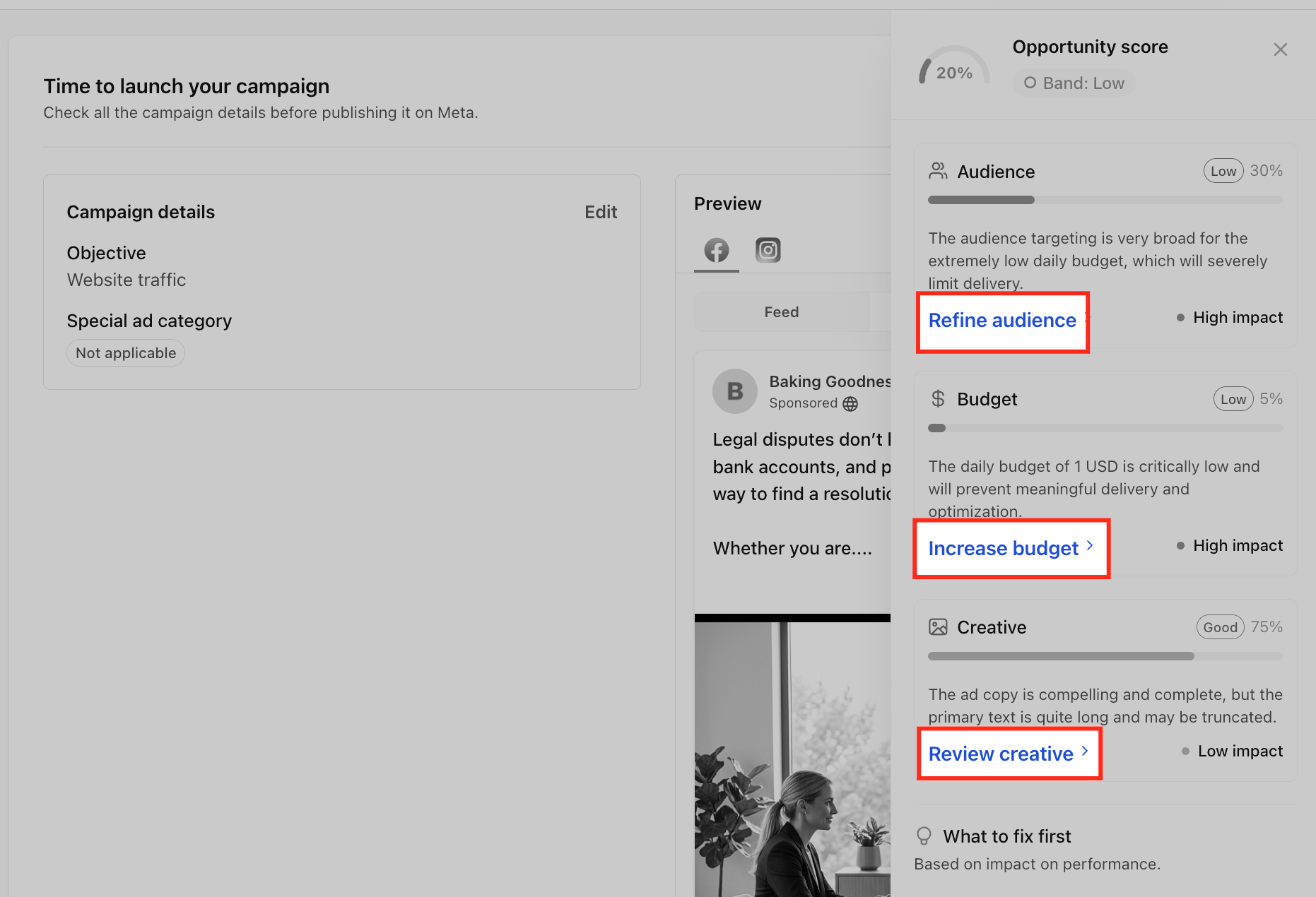 Clicking a recommendation to navigate to the campaign setting