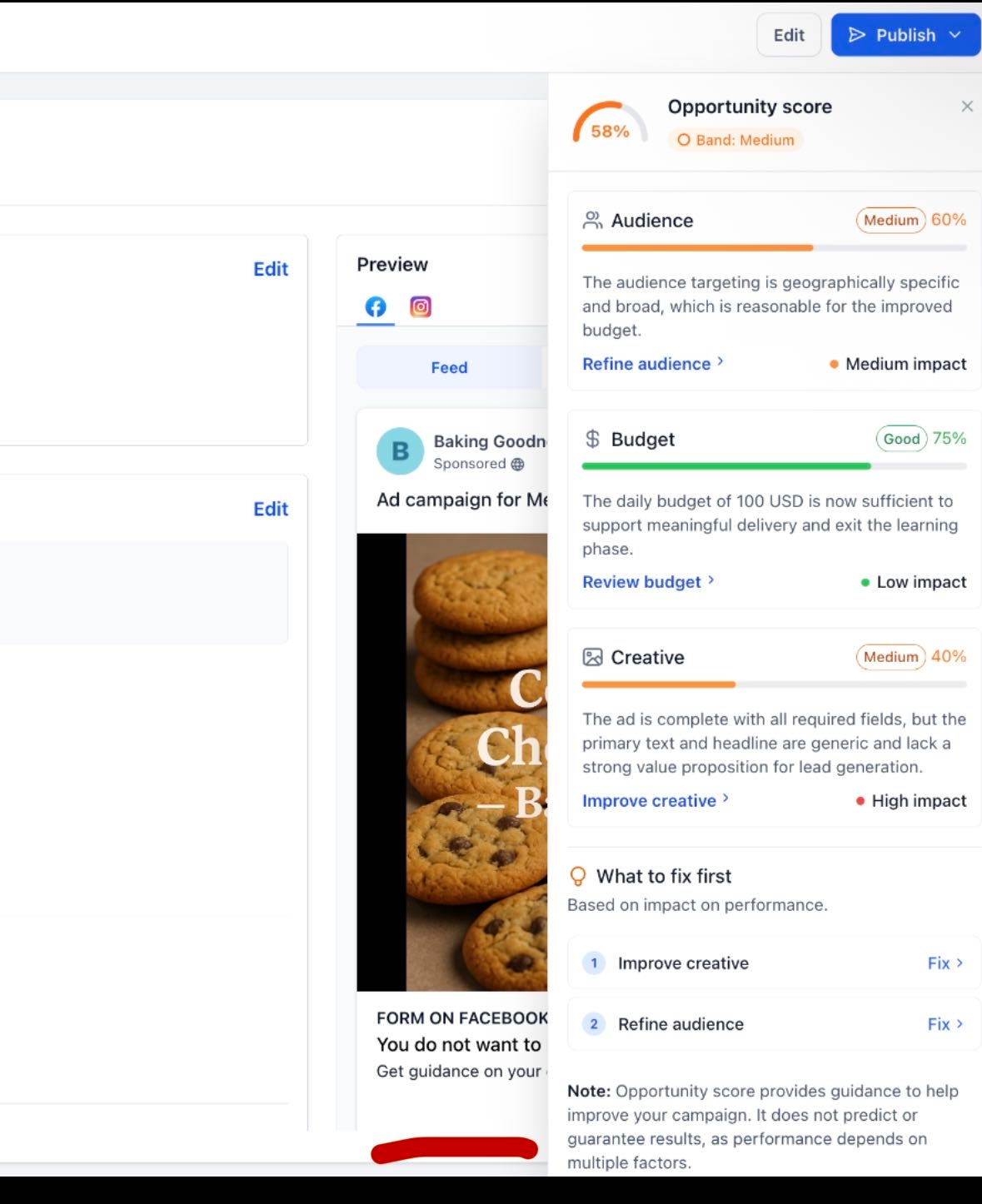 Example of a complete Meta campaign Opportunity Score summary