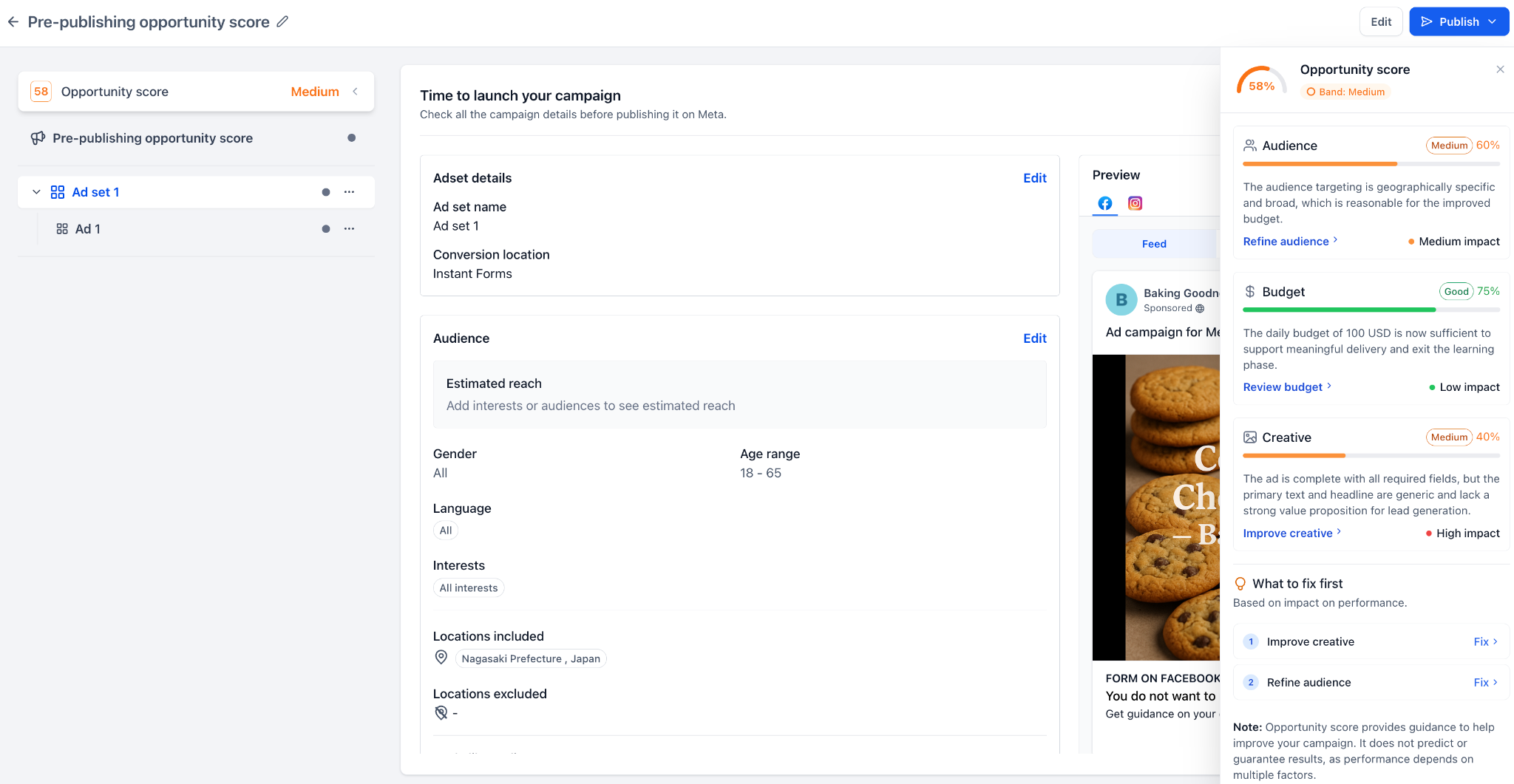 Detailed improvement suggestions in Opportunity Score panel