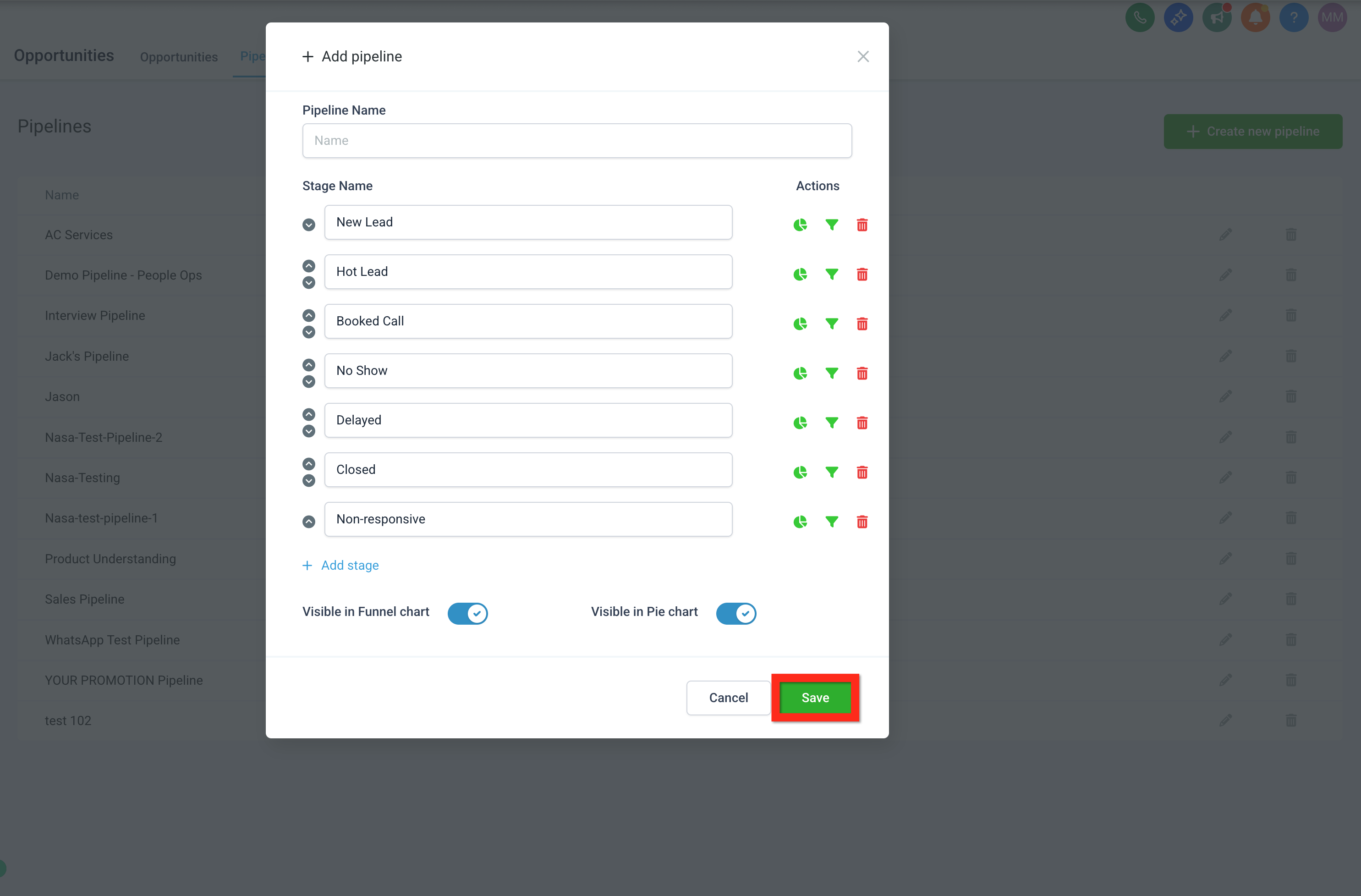 Adding and ordering pipeline stages in Captivation Hub