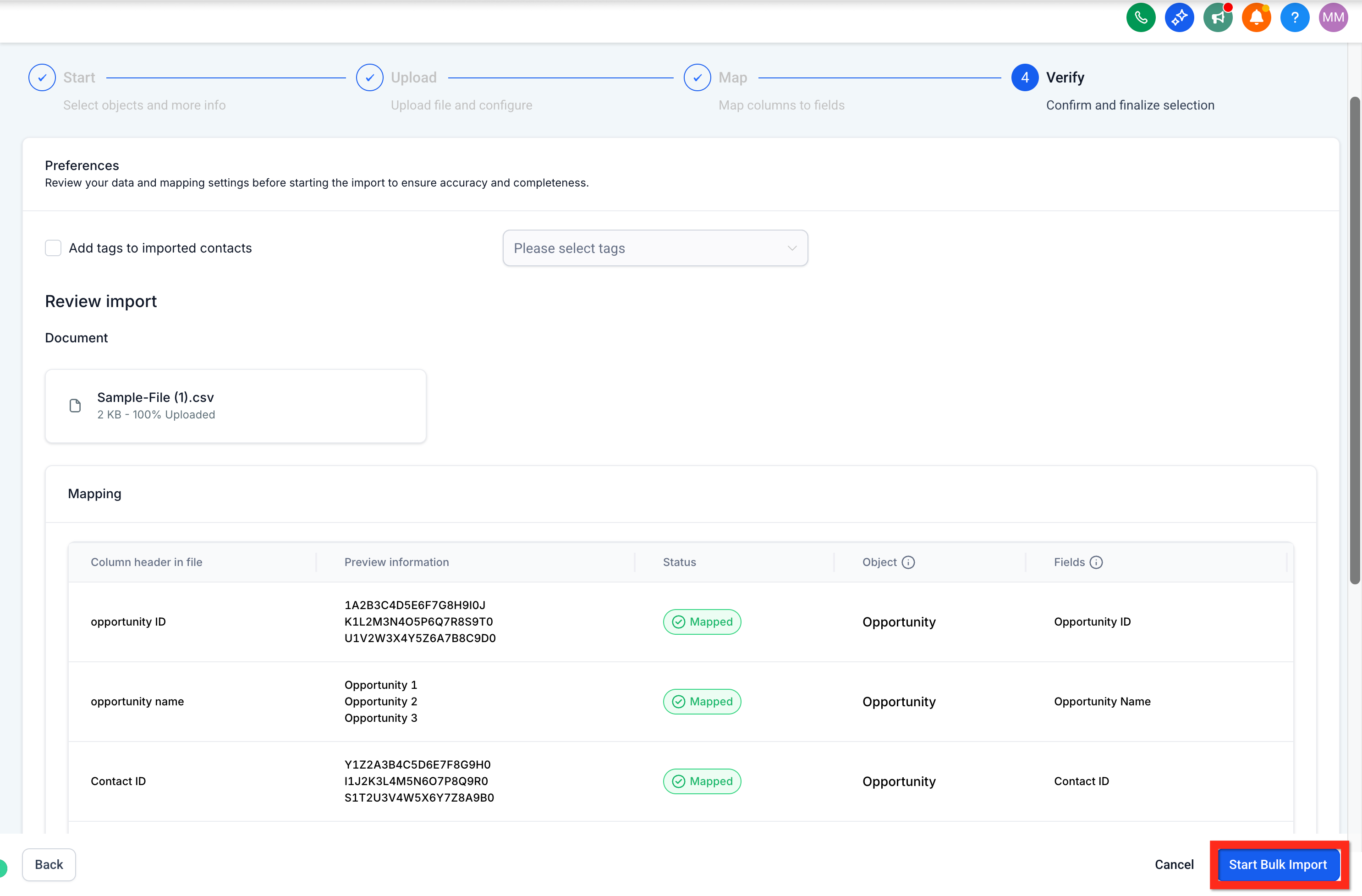 Uploading the CSV file to import opportunities
