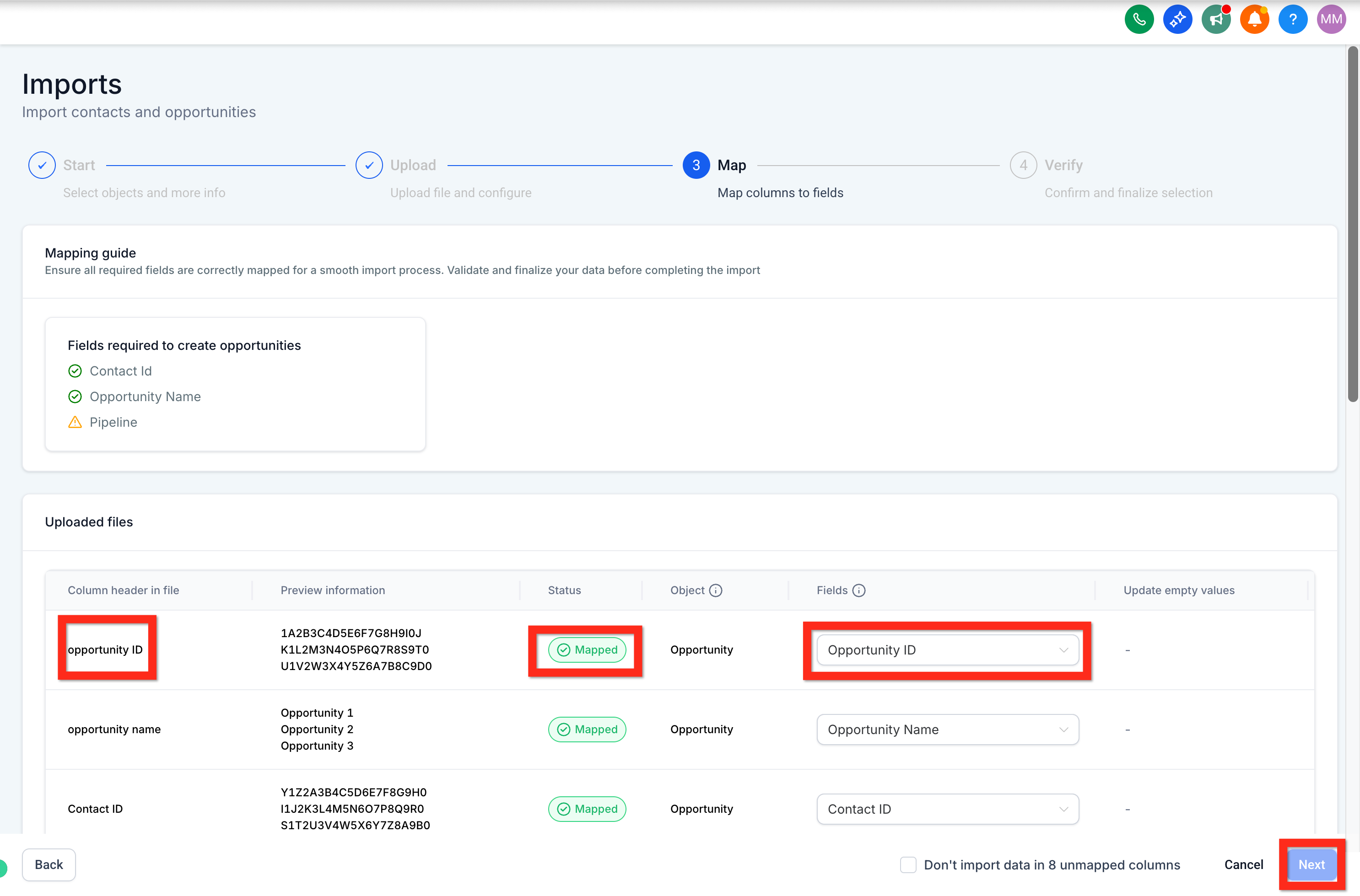 CSV import template for opportunities