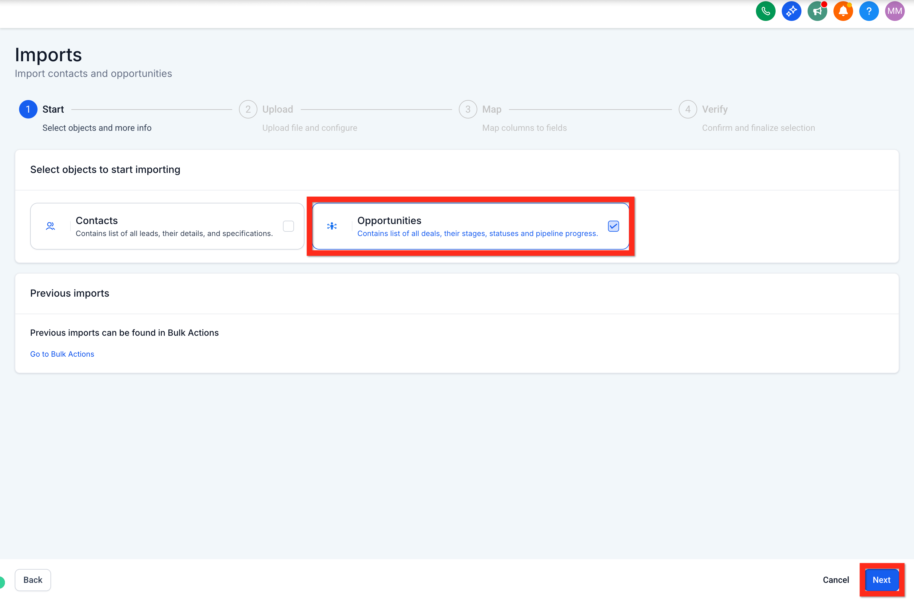 Choosing a pipeline and stage during contact import