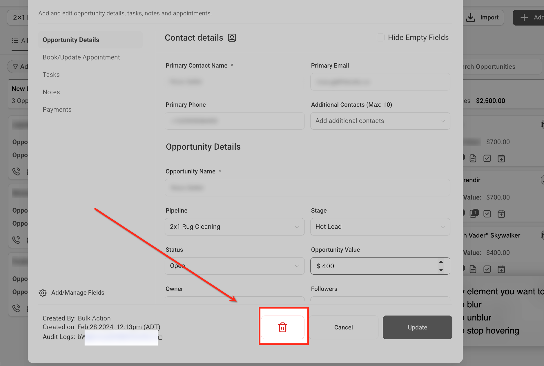 Opening an opportunity detail view in Captivation Hub