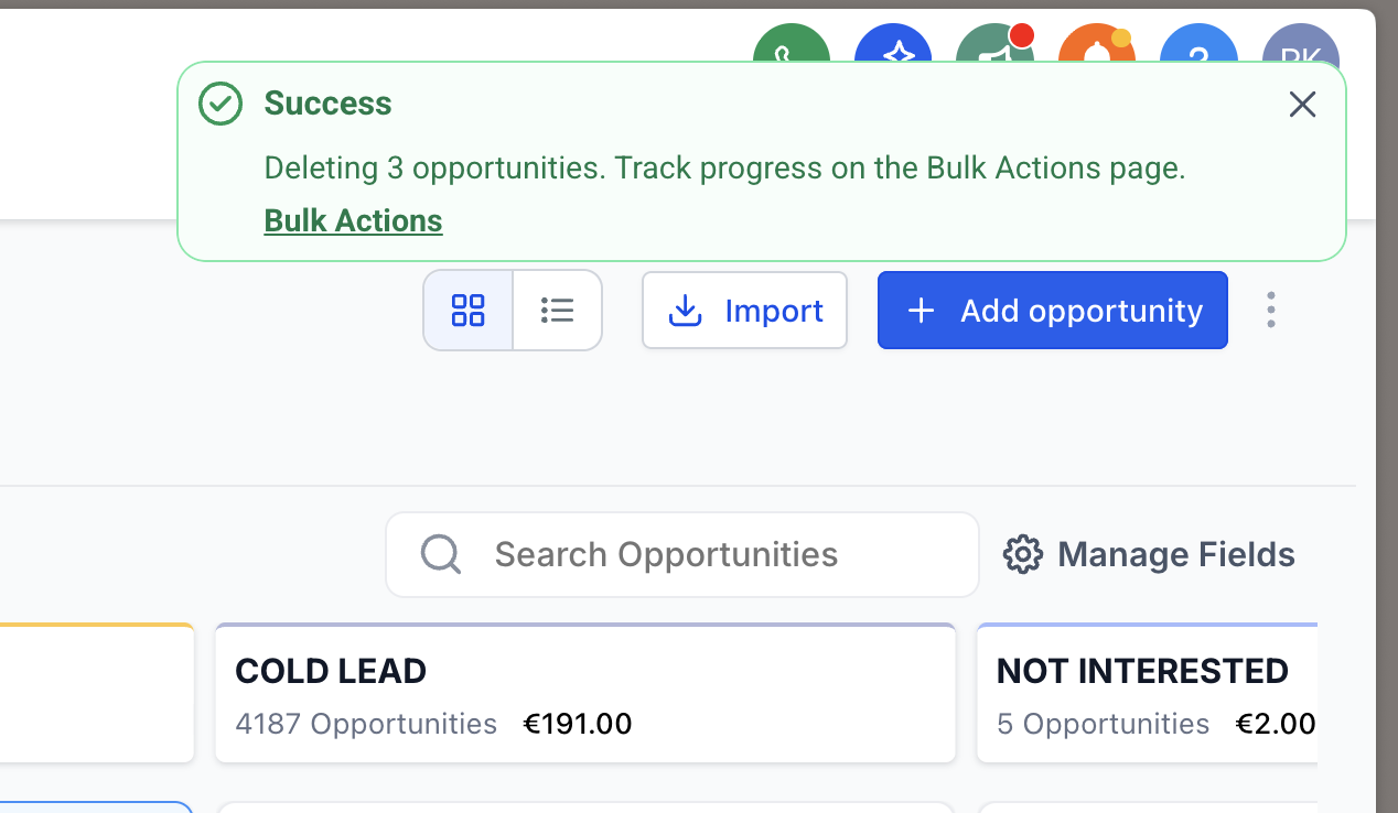 Confirming bulk deletion of opportunities in Captivation Hub