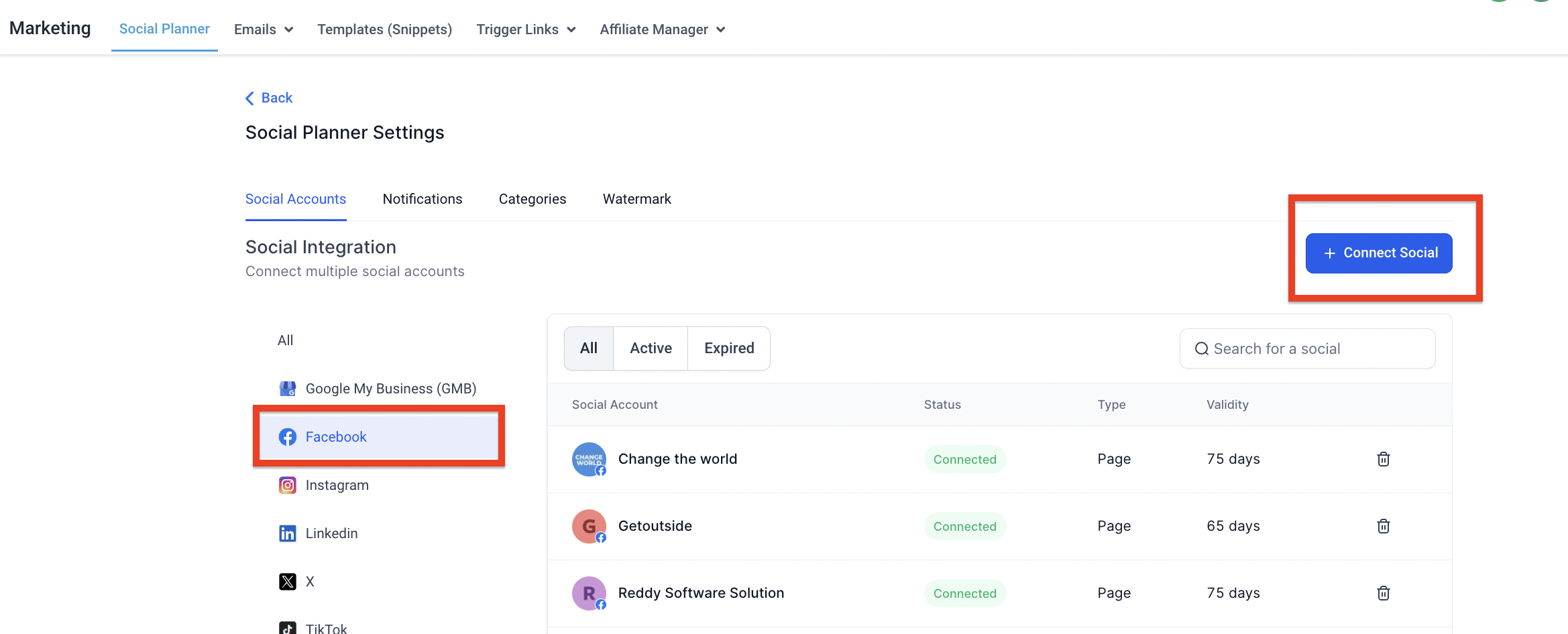 Social Planner connect Facebook page option