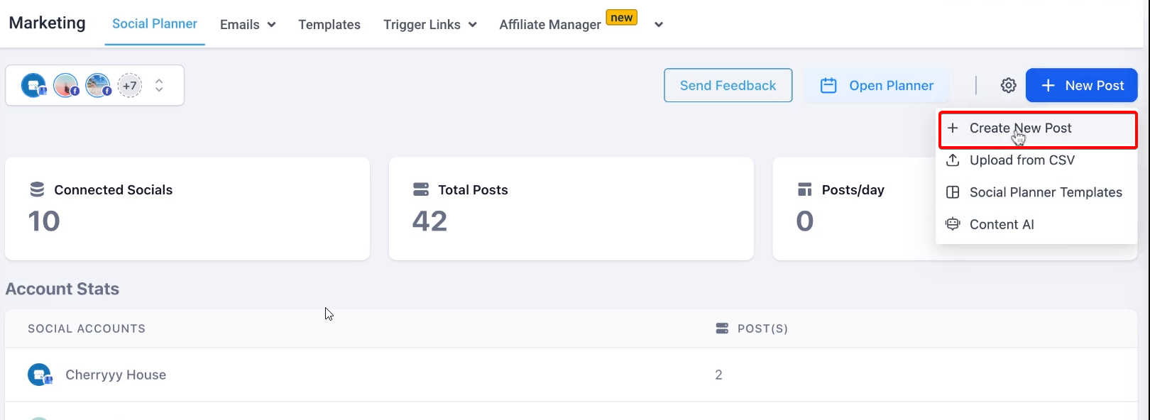 New Post button in Captivation Hub Social Planner