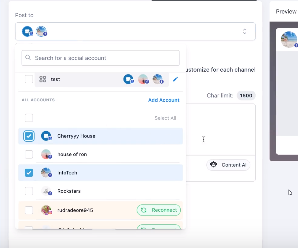 Selecting multiple social accounts in the post composer