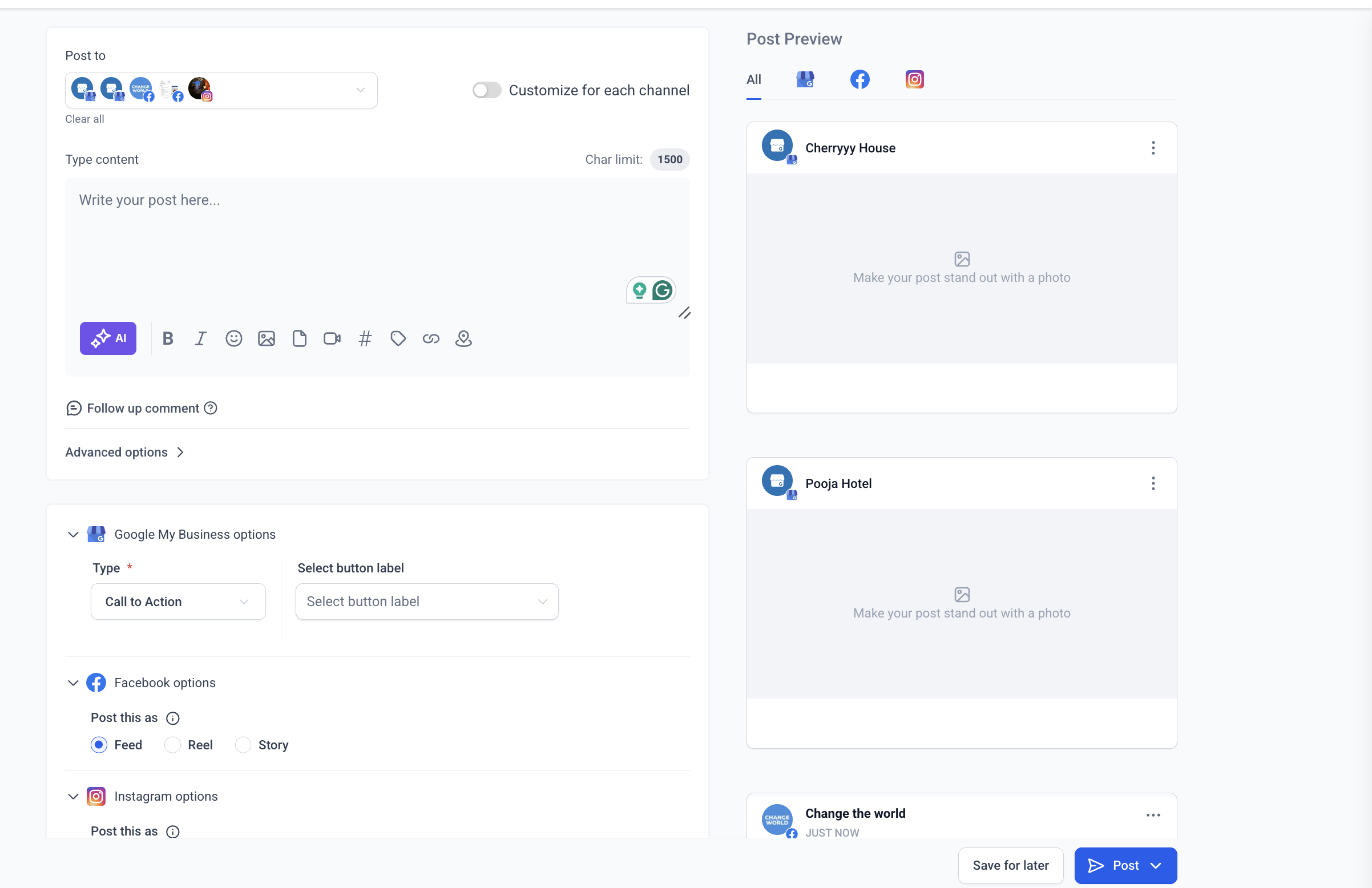 Customize for Each Channel toggle in Social Planner