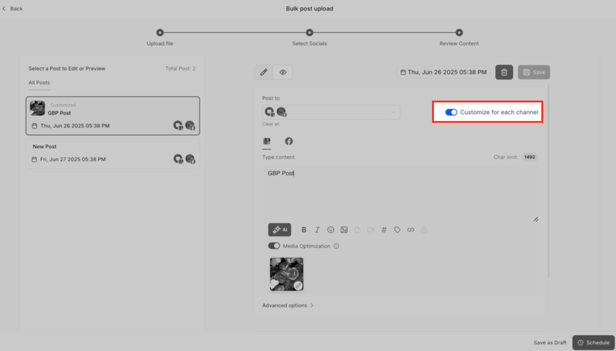 Channel-specific post editor view