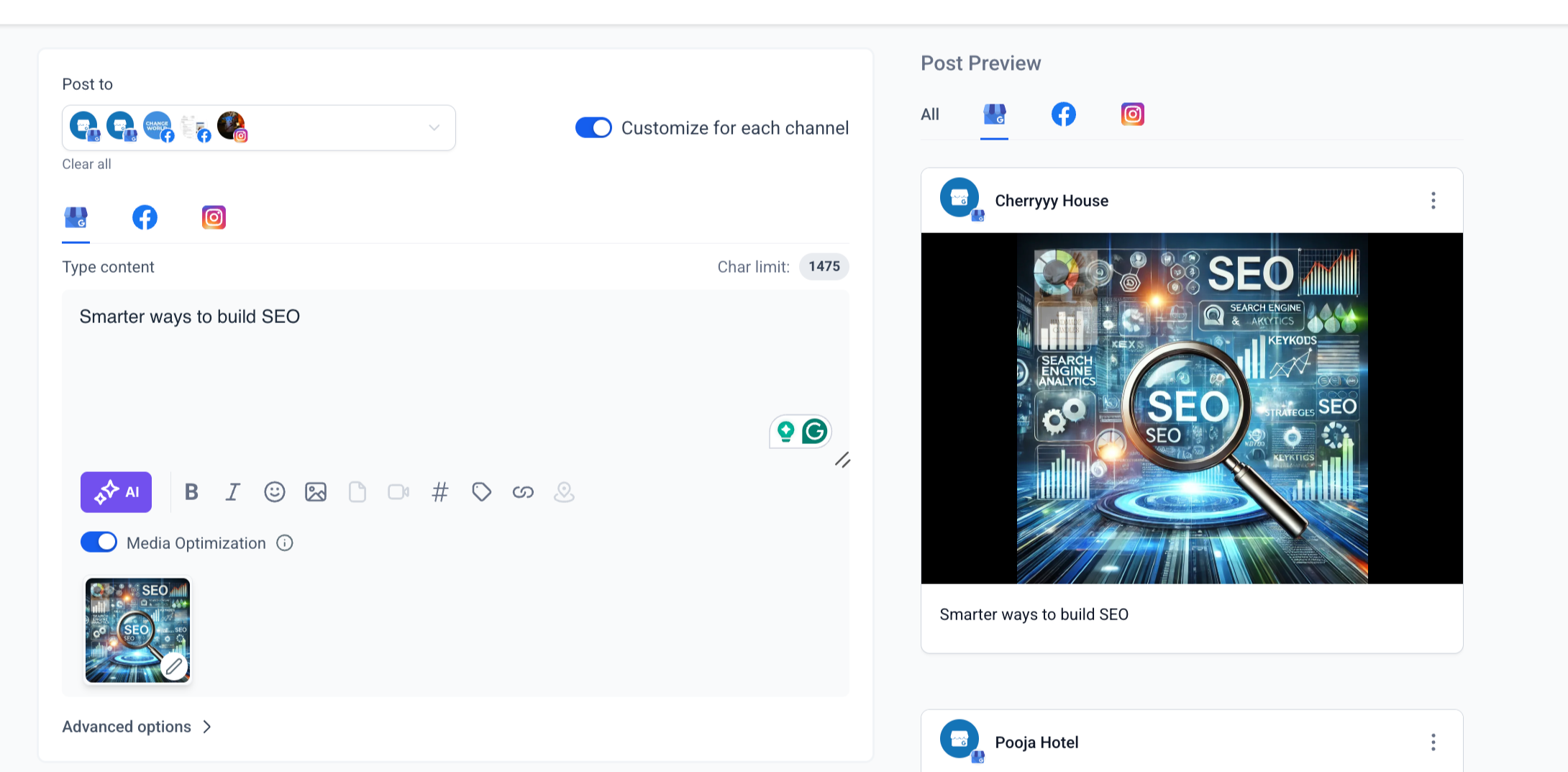 Channel customization options in Social Planner