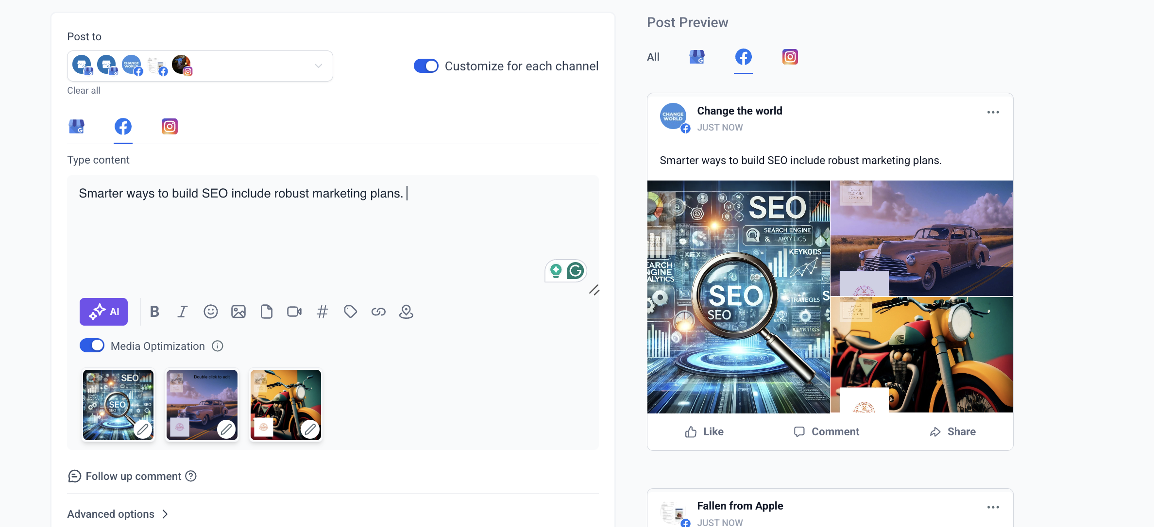 Customized post content for different social platforms