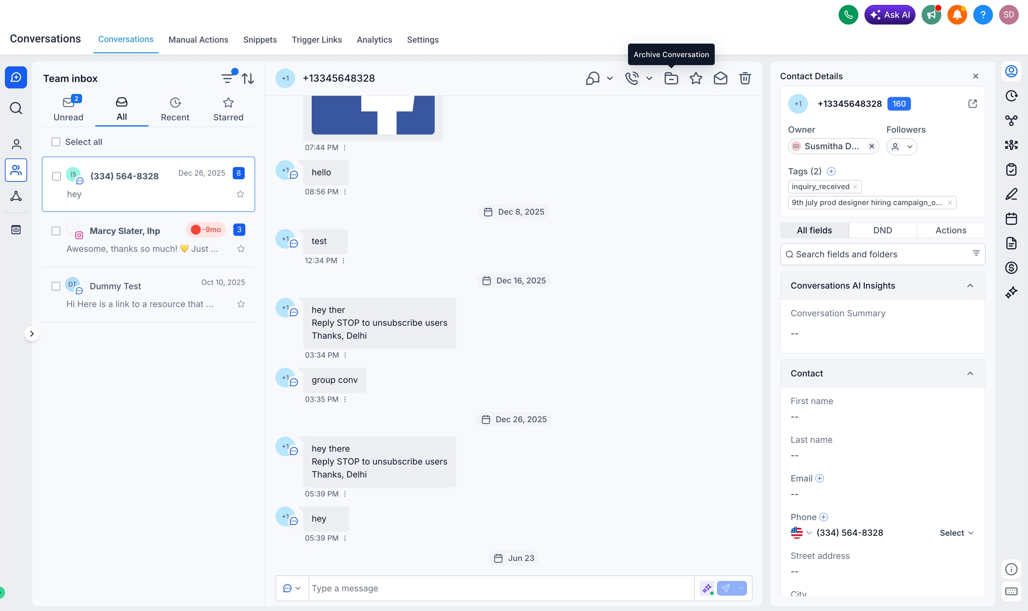 Conversations tab overview in Captivation Hub showing four-panel layout