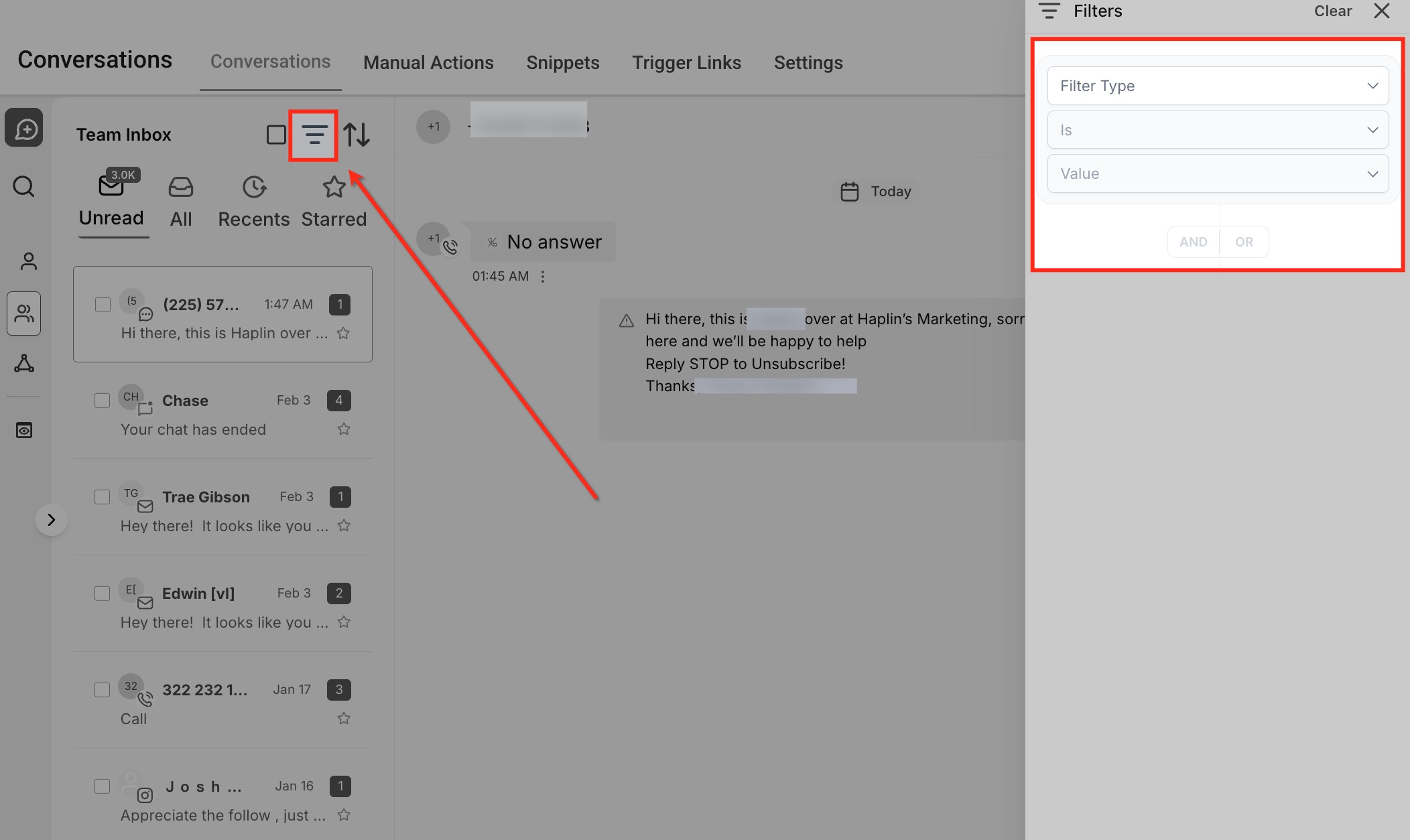 Conversations inbox with filter options in Captivation Hub