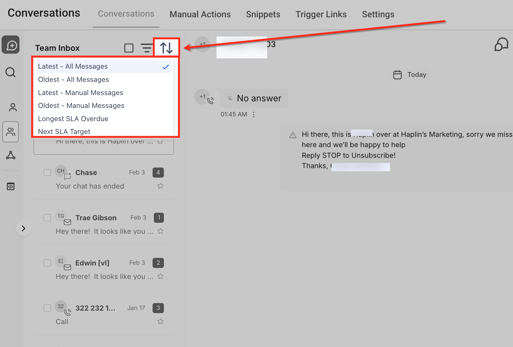 Sorted conversation list in Captivation Hub Conversations tab