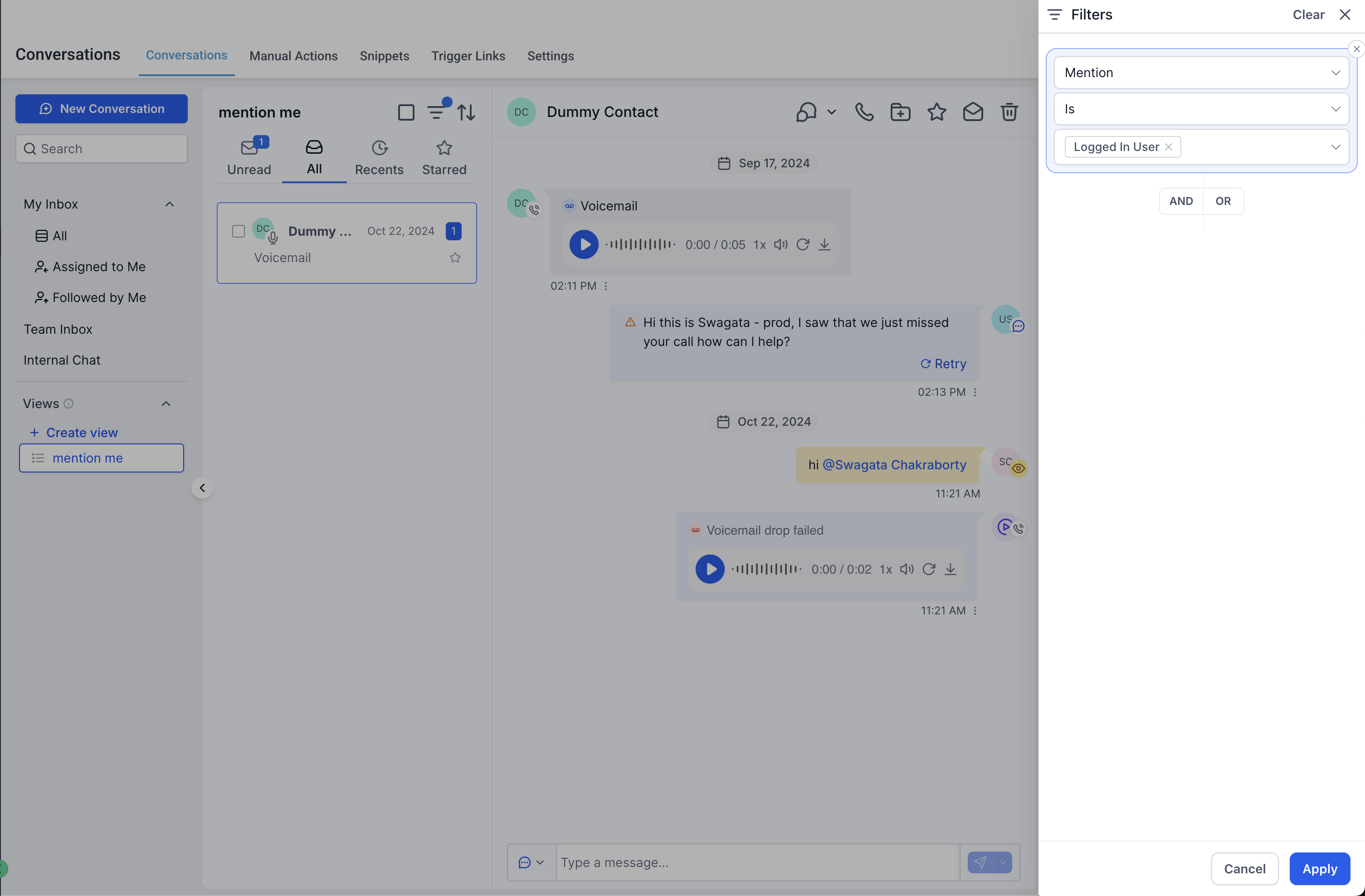 Filter type options in Captivation Hub Conversations