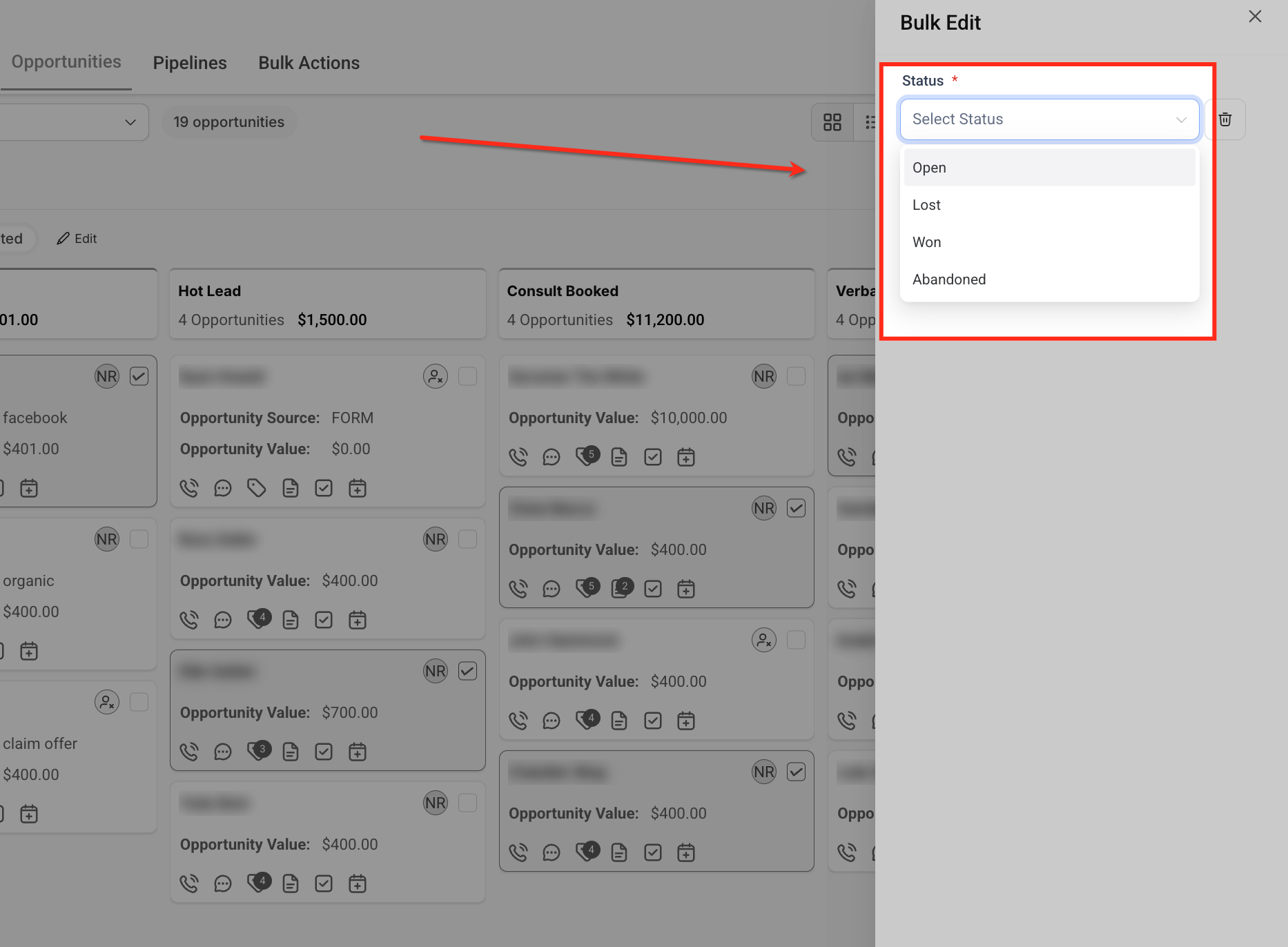 Confirming bulk action on opportunities