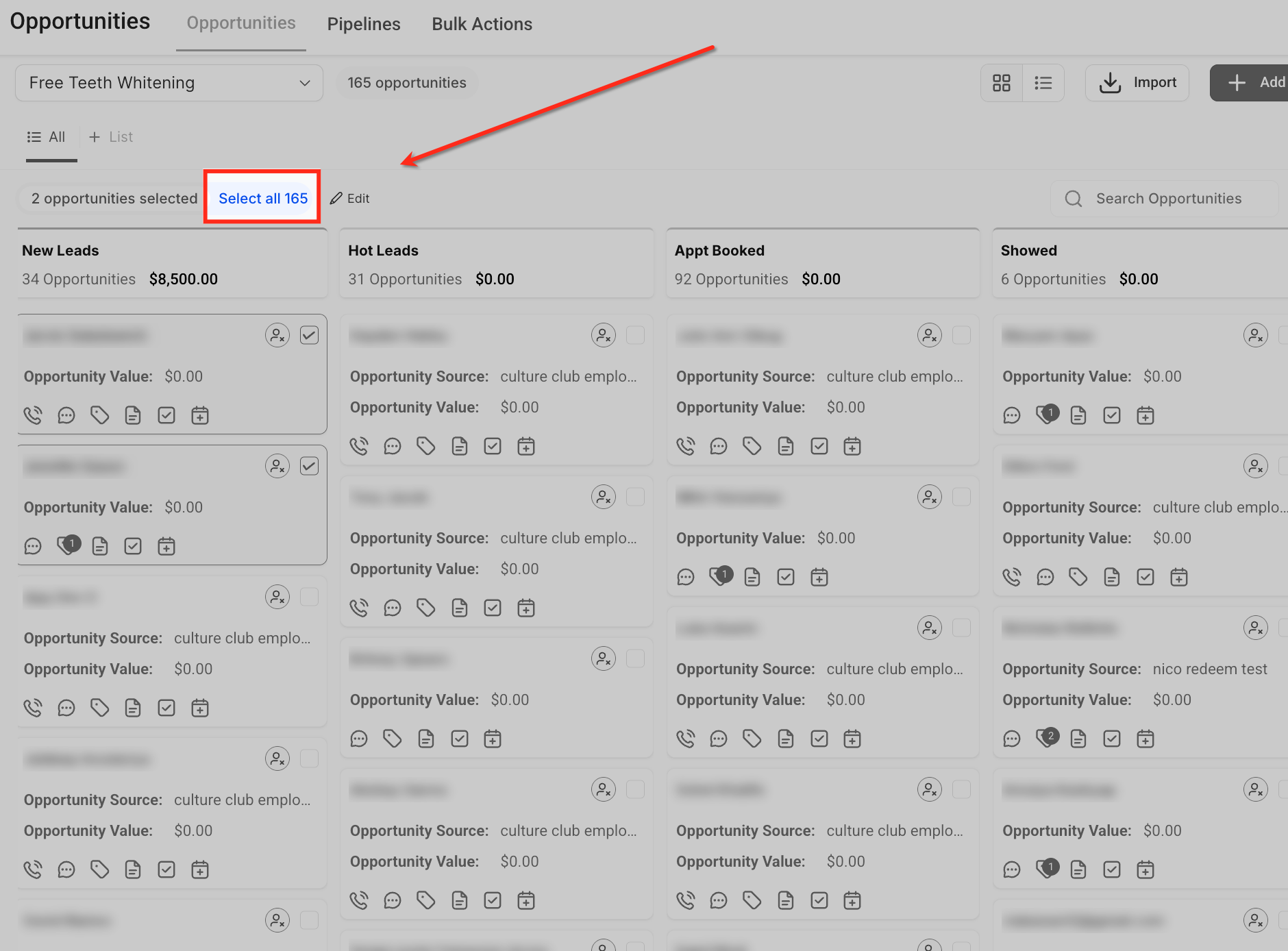 Bulk action applied to opportunities in Captivation Hub