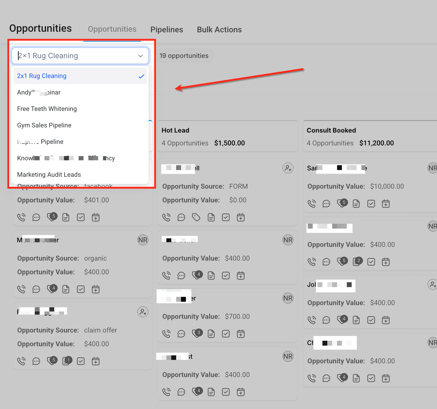 Selecting opportunity cards for bulk action