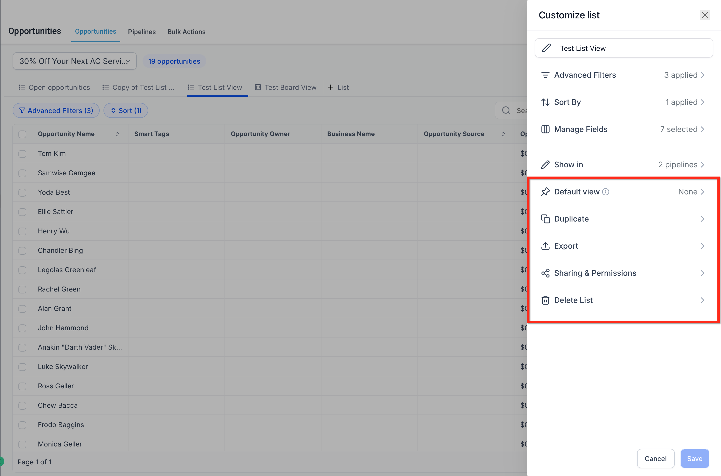 Smart List customize options menu