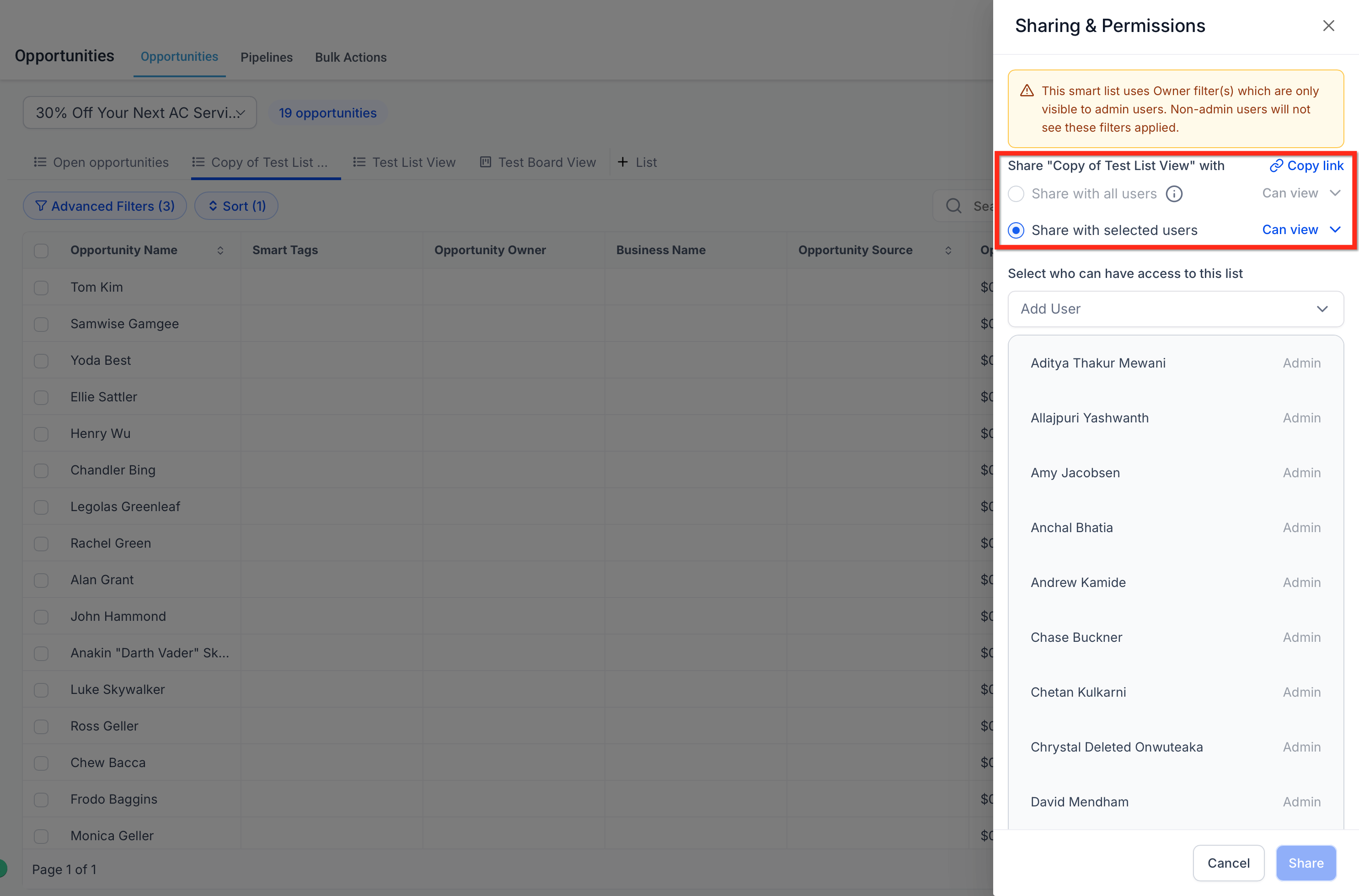 Sharing and permissions for a Smart List