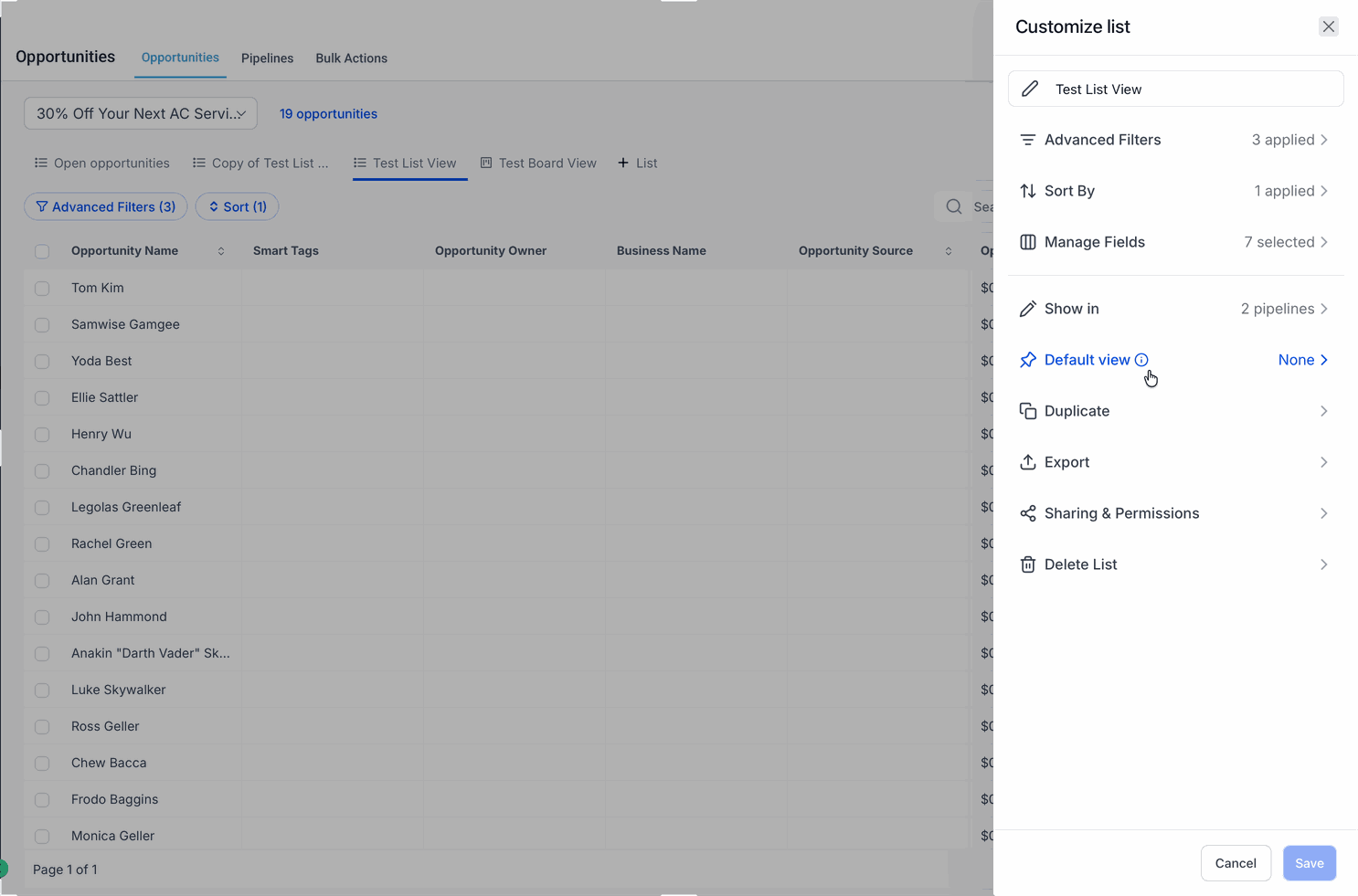 Setting a Smart List as the default view