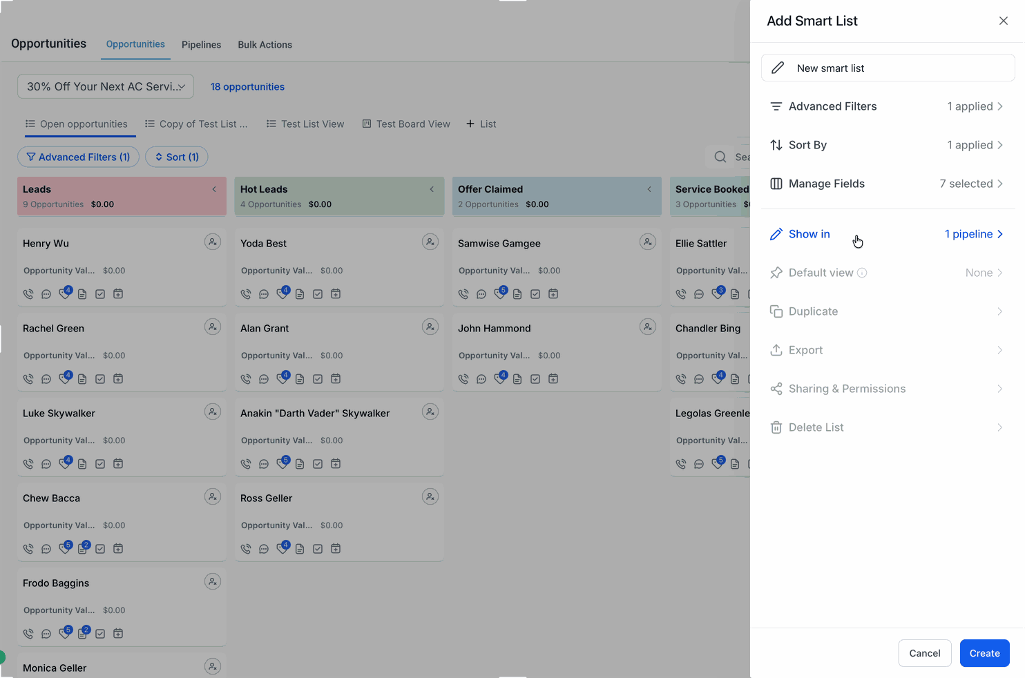 Setting pipeline visibility for a Smart List