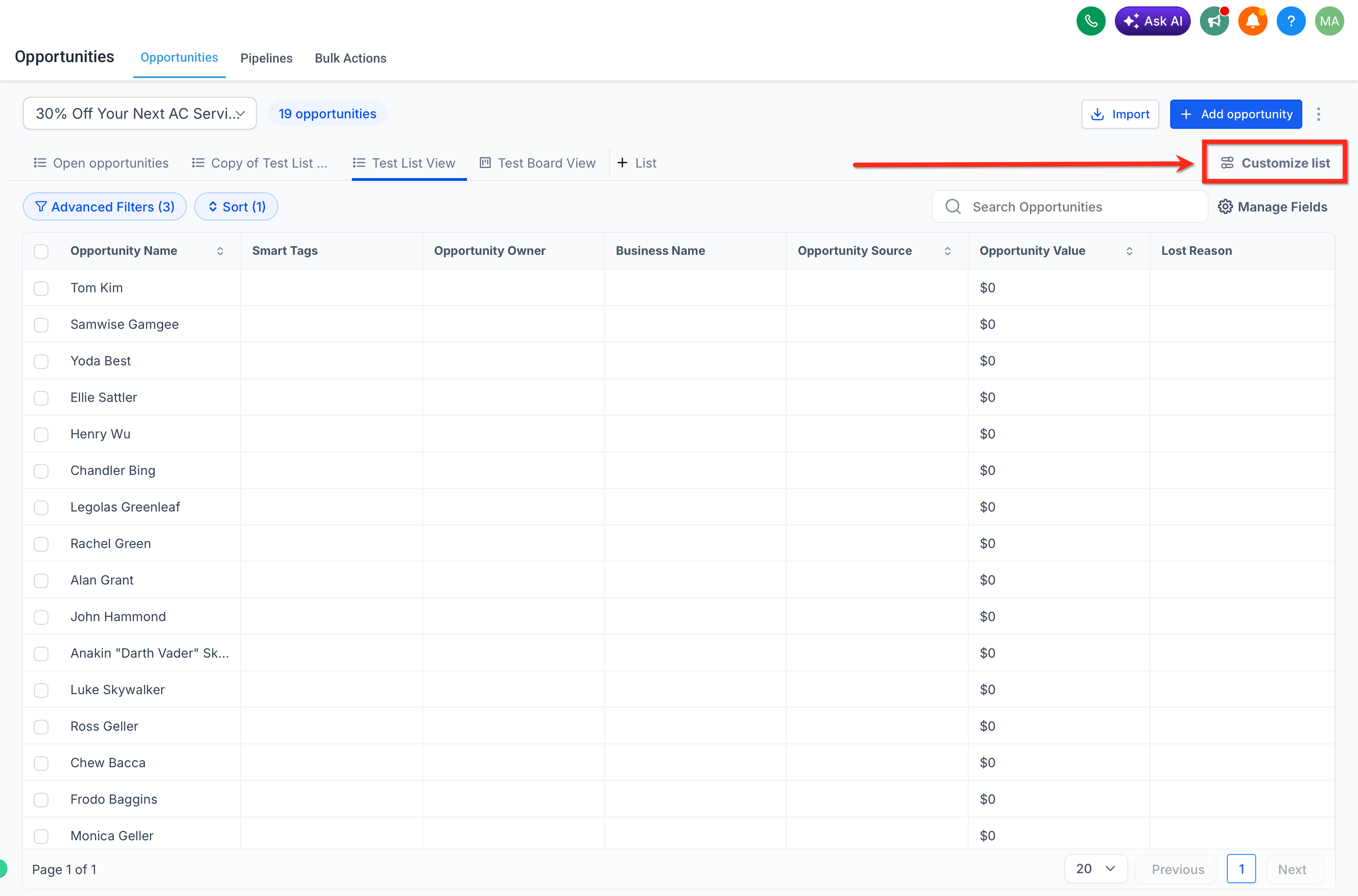 Opening Customize list options