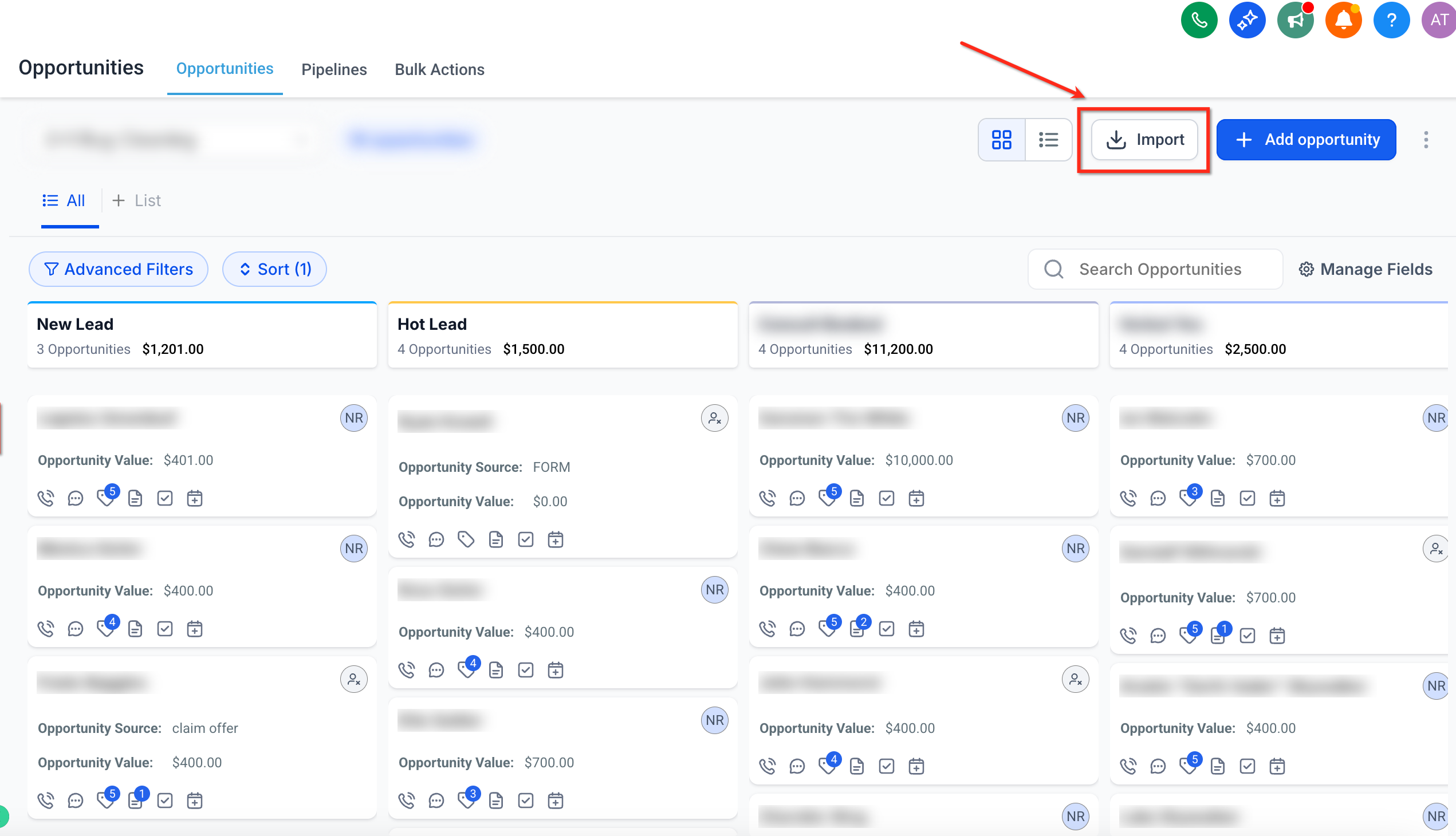 Clicking the Import option in Captivation Hub Opportunities