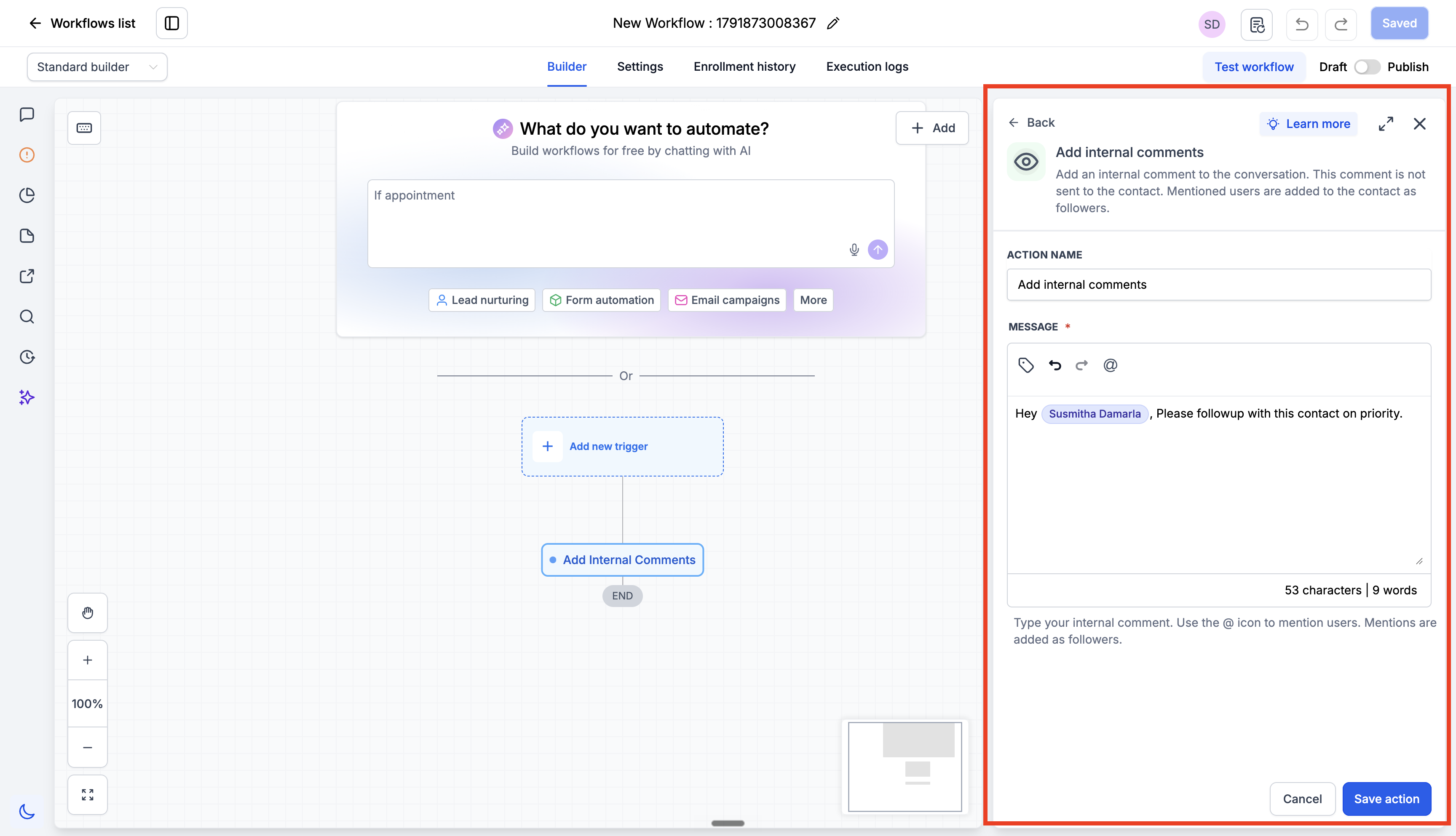 Adding the Internal Comment action in Captivation Hub Workflow Builder