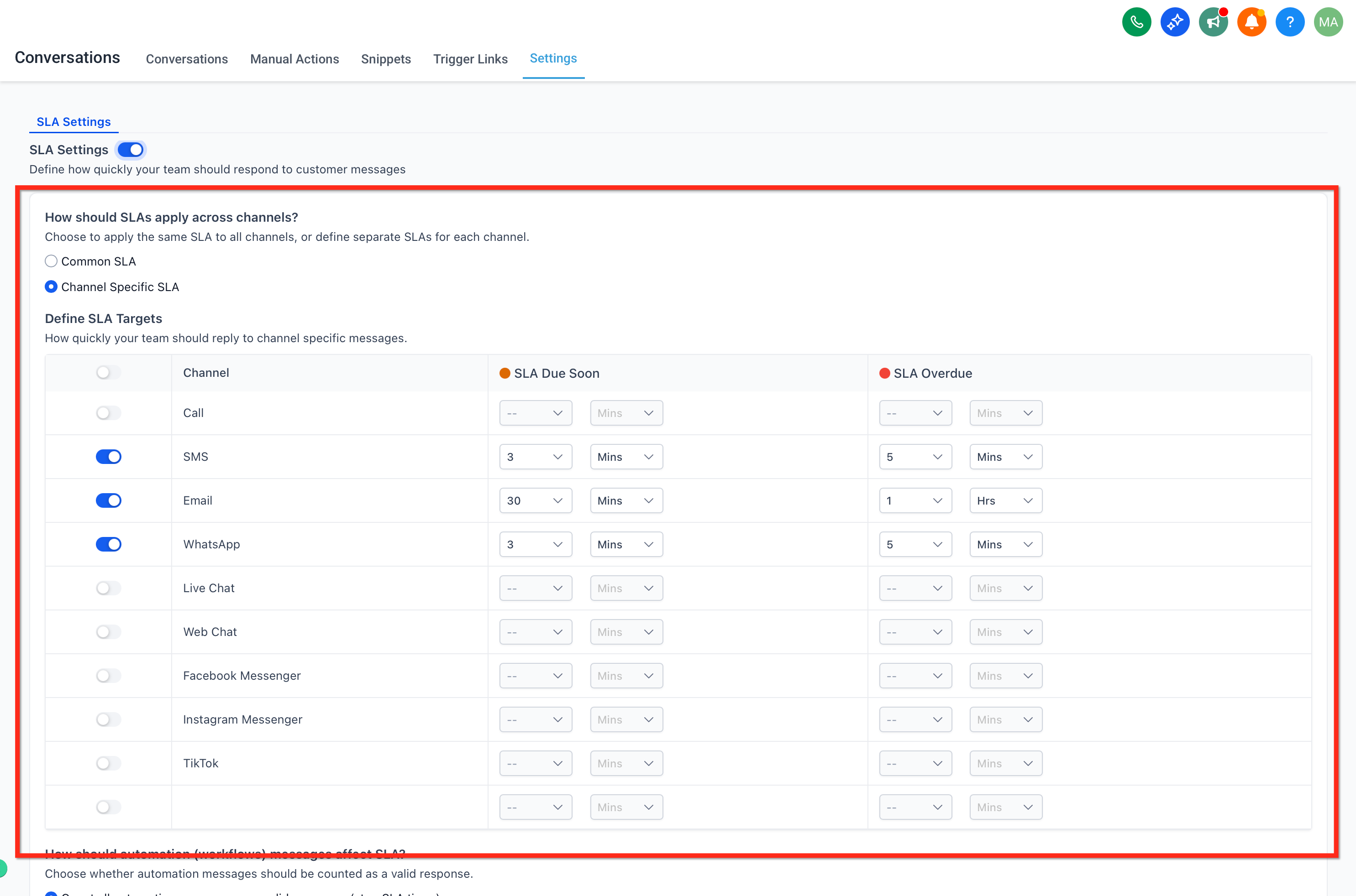 Enabling SLA Settings in Captivation Hub Conversations