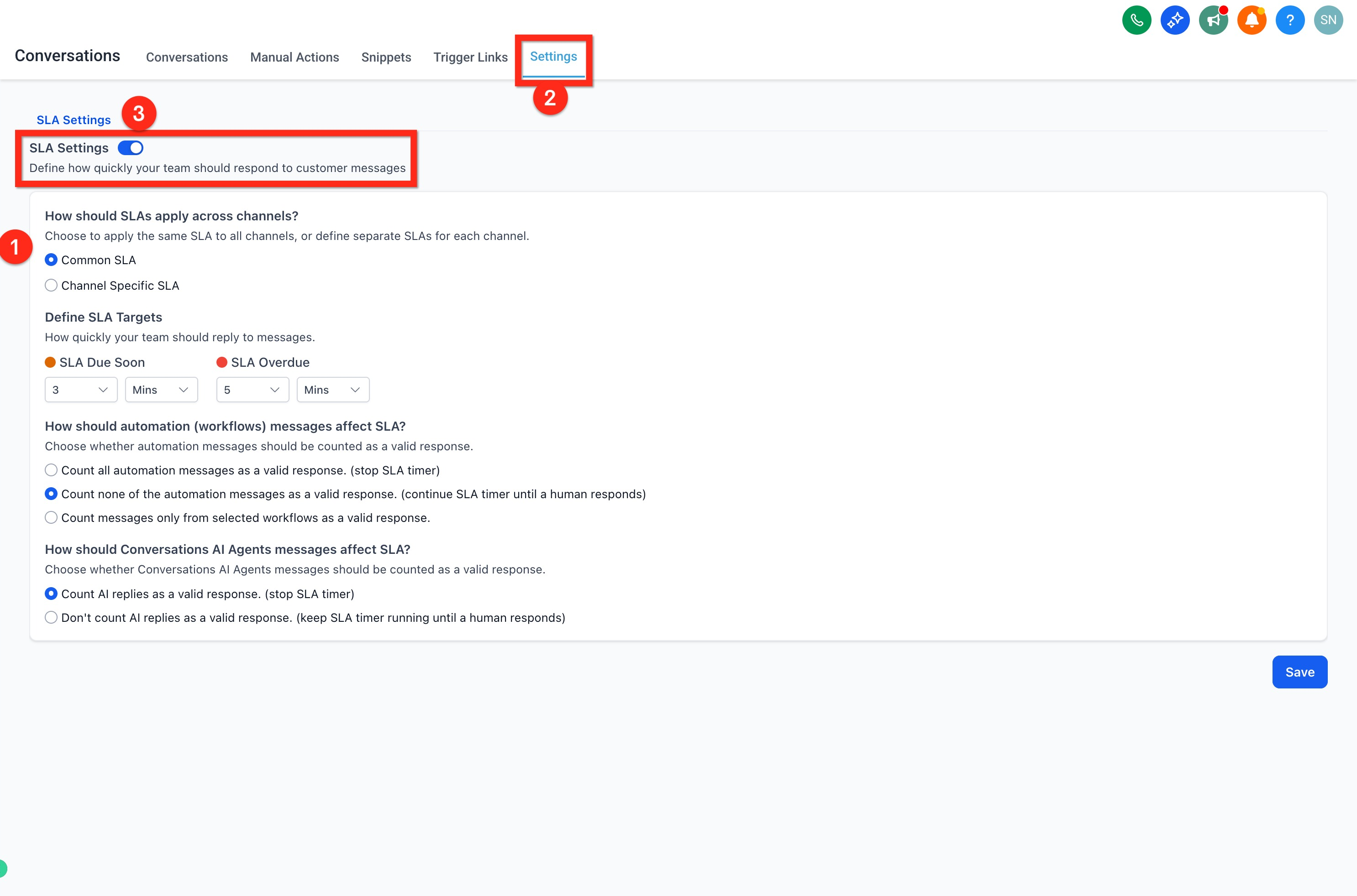 SLA timer states in Captivation Hub Conversations inbox