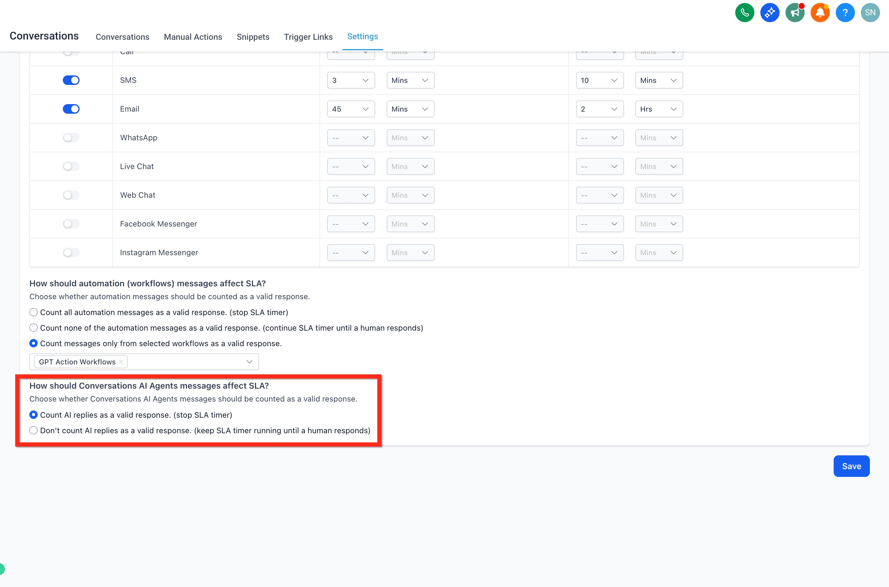 Configuring how workflow messages affect SLA timers in Captivation Hub