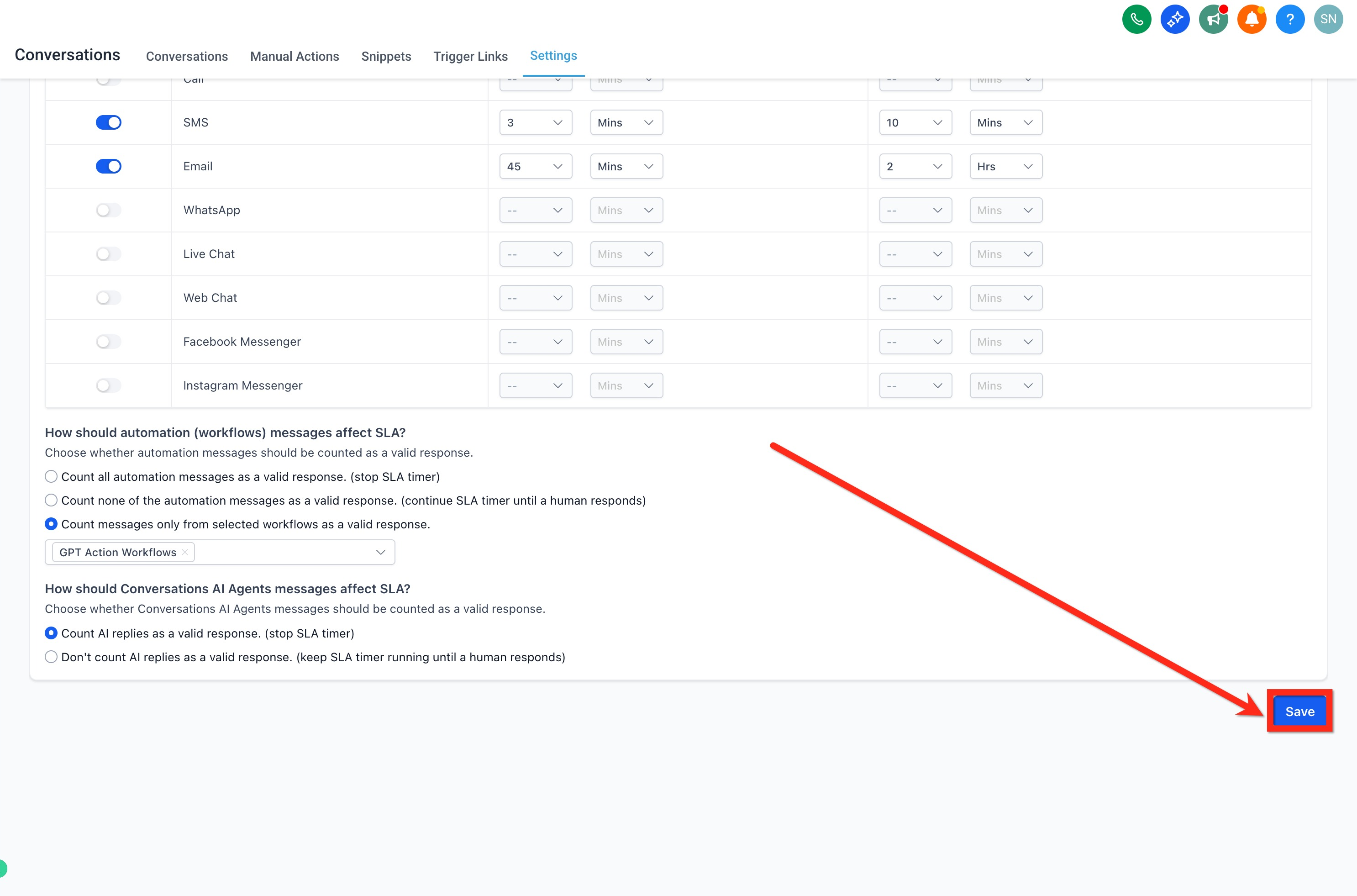 Setting AI agent reply behavior for SLA timers in Captivation Hub