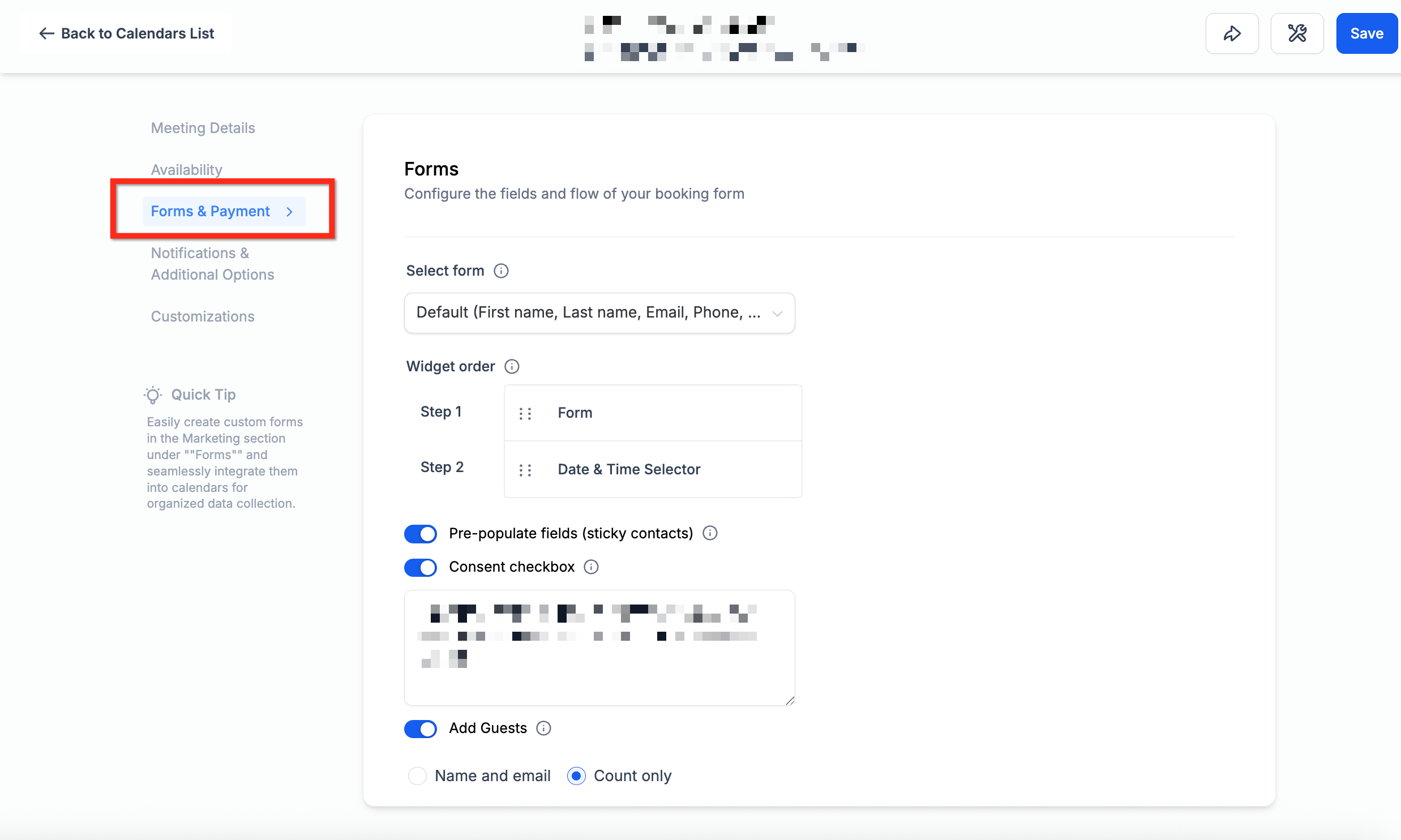 Forms and Payment tab