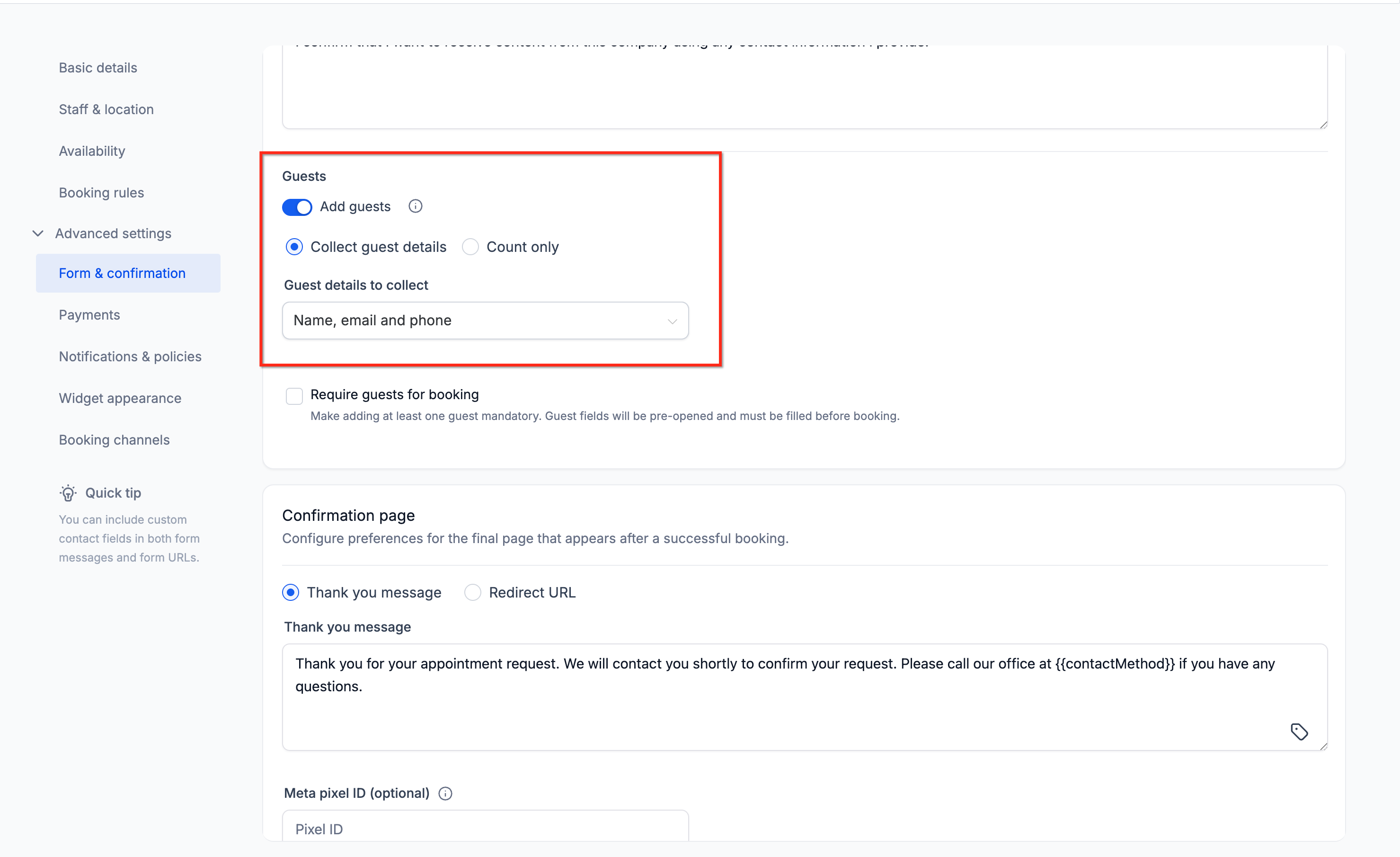 Add Guests section in calendar settings