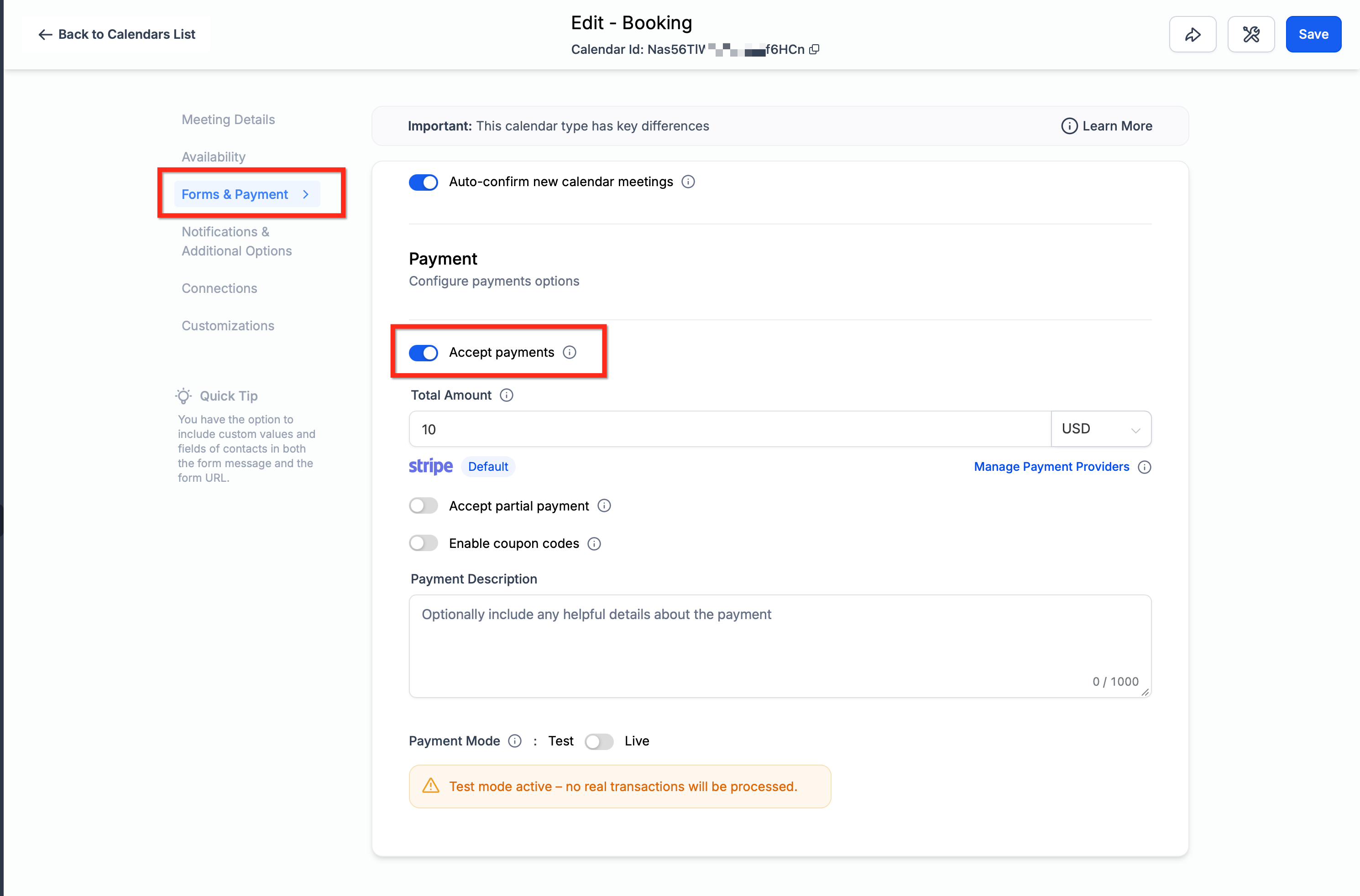 Accept Payments toggle in calendar settings