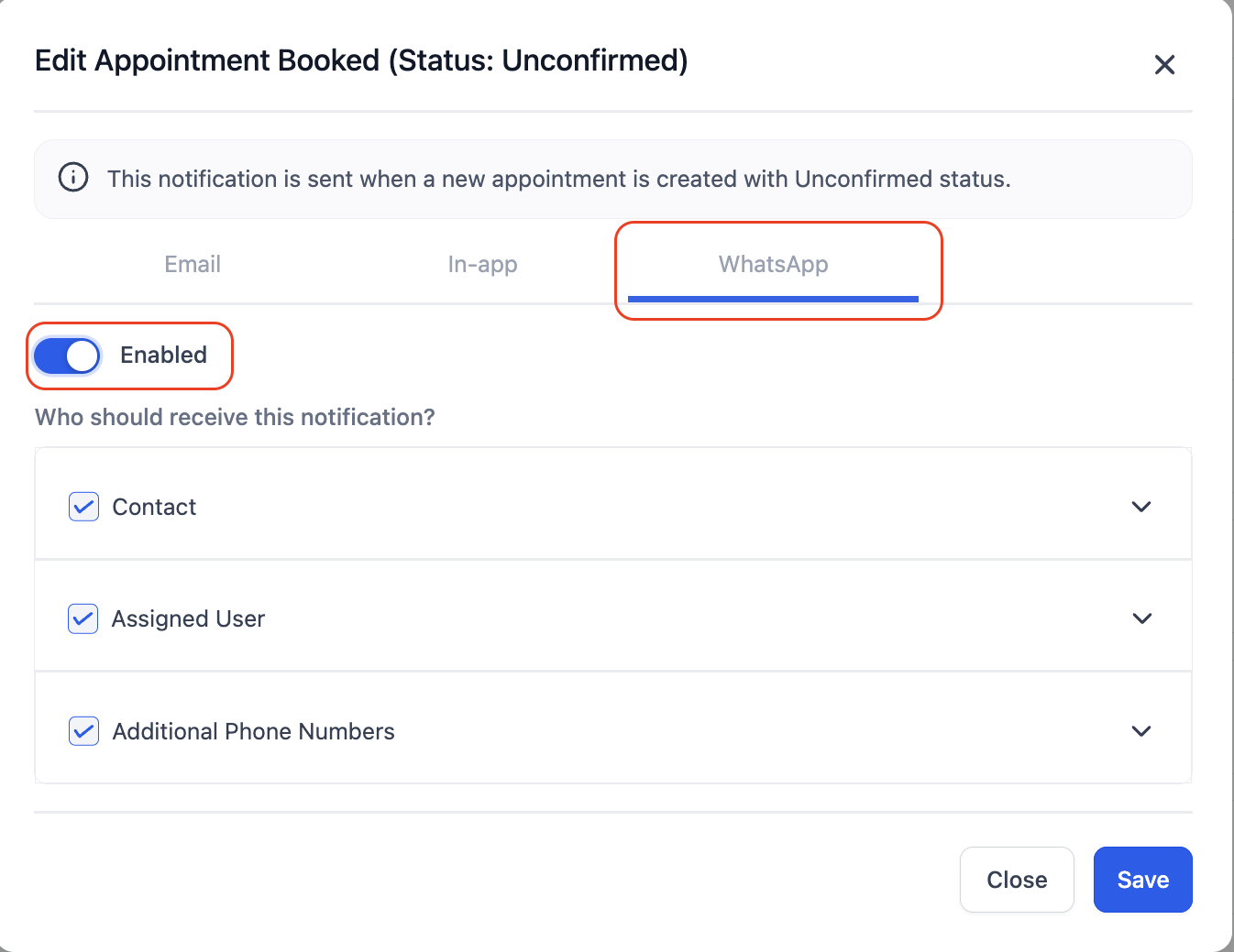 WhatsApp notification recipients and template selection