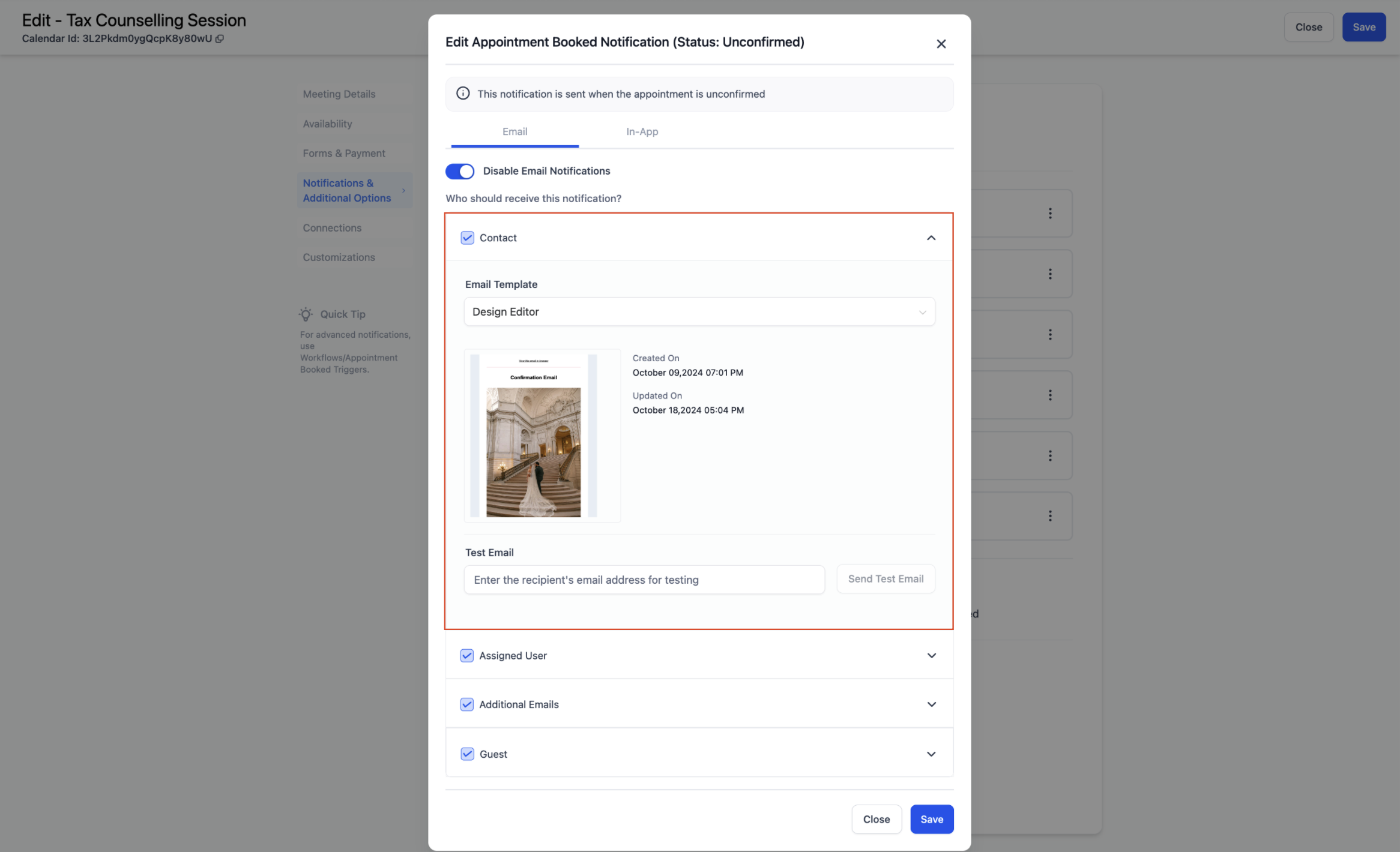 Email notification configuration