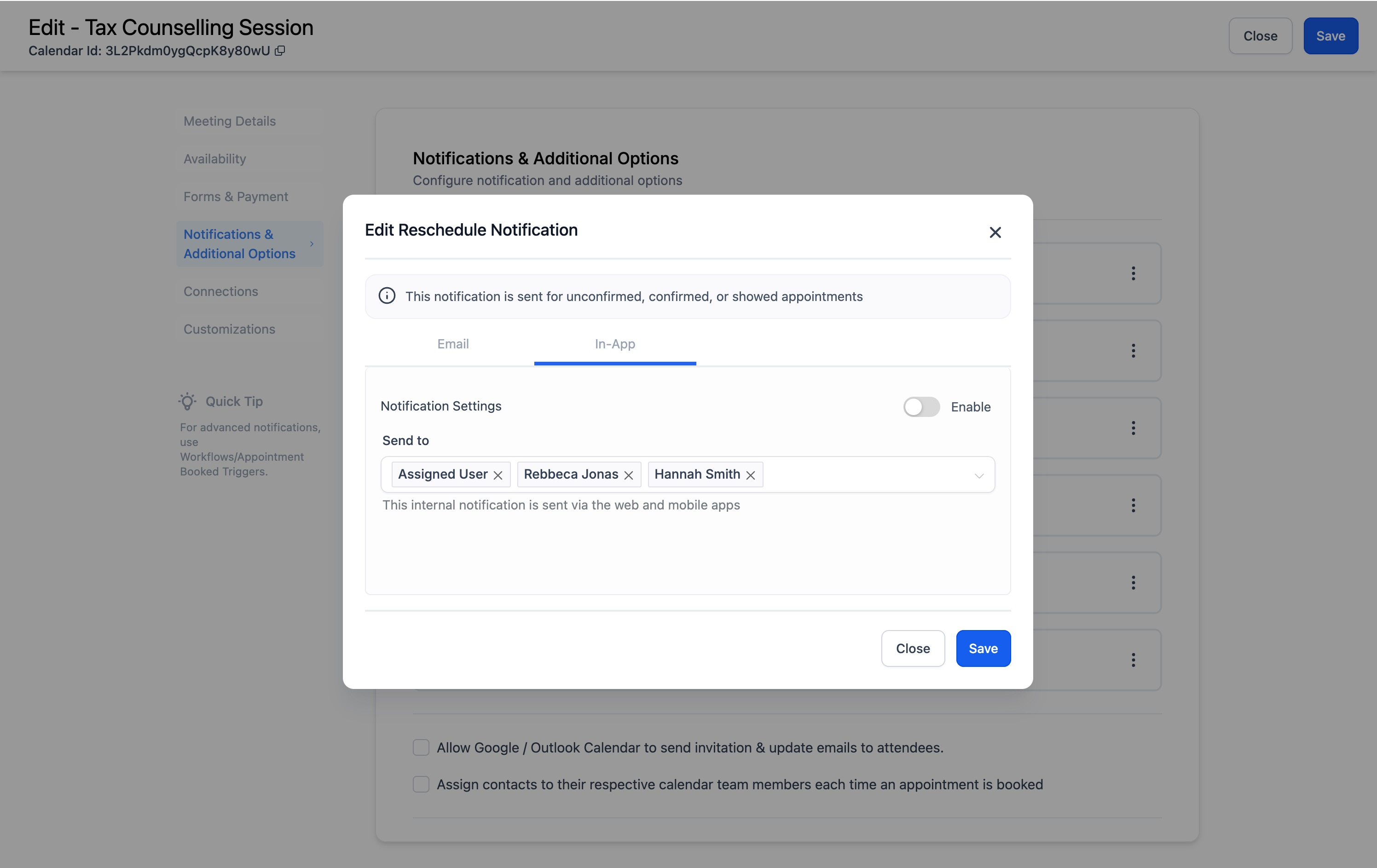 In-app notification user and timing settings