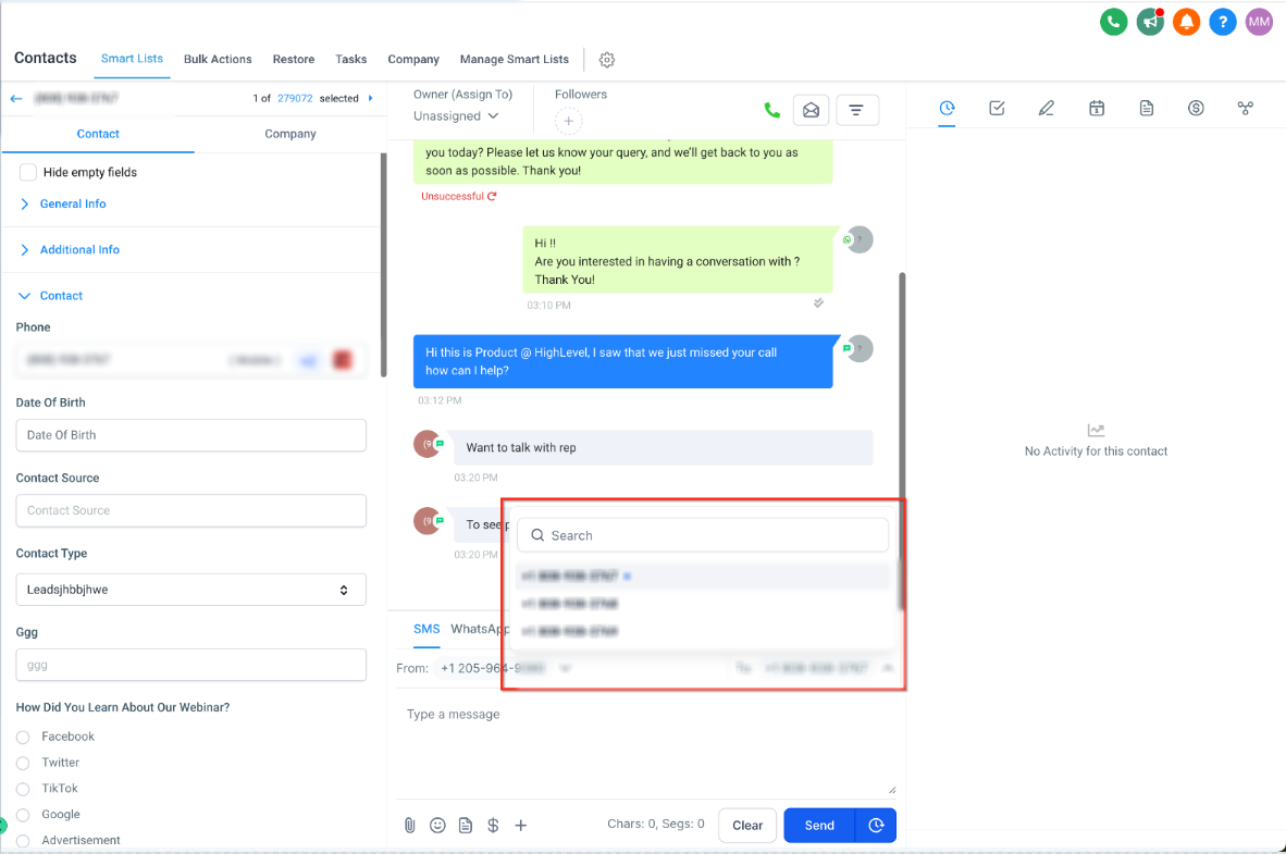 Selecting the To number for a contact with multiple numbers