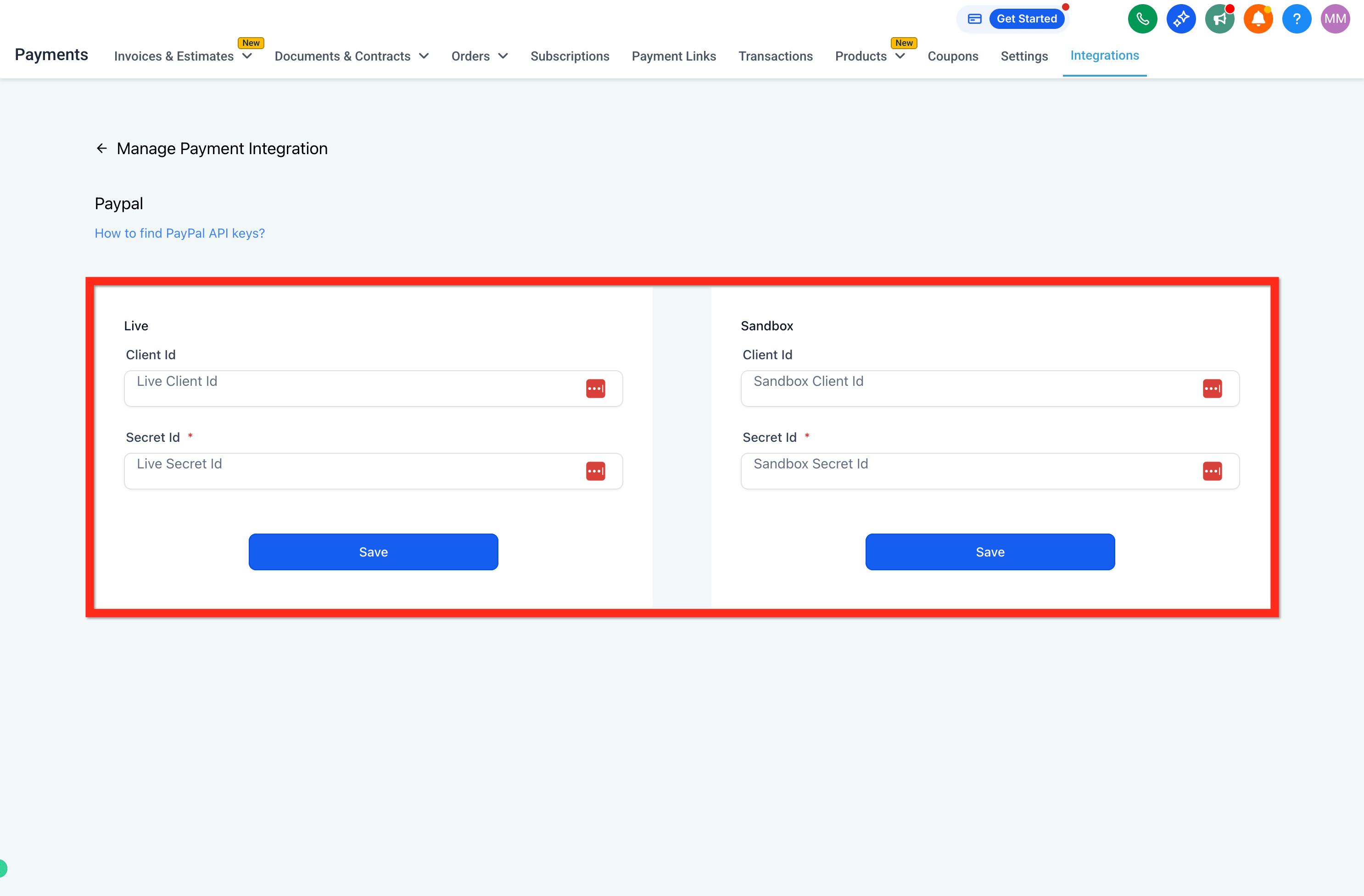 PayPal connect screen with Client ID and Secret fields
